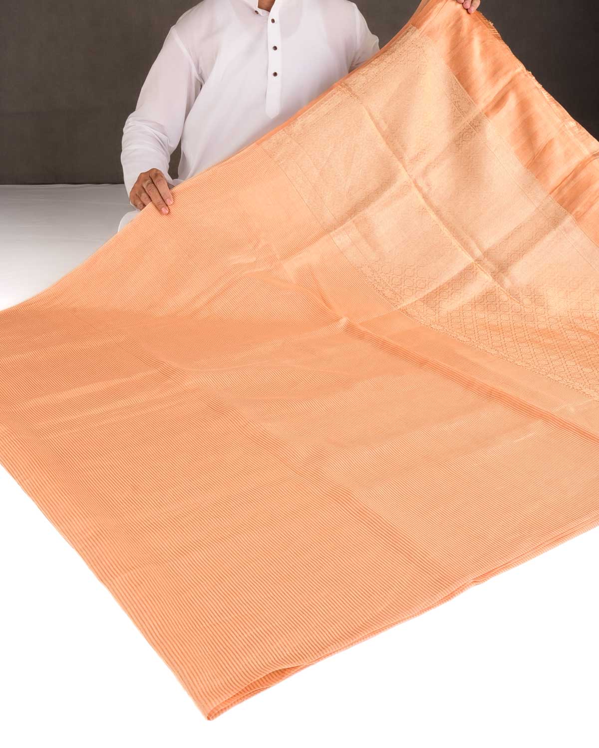 Peach Gold Zari Stripes Brocade Woven Cotton Silk Banarasi Saree with Tissue Blouse Piece