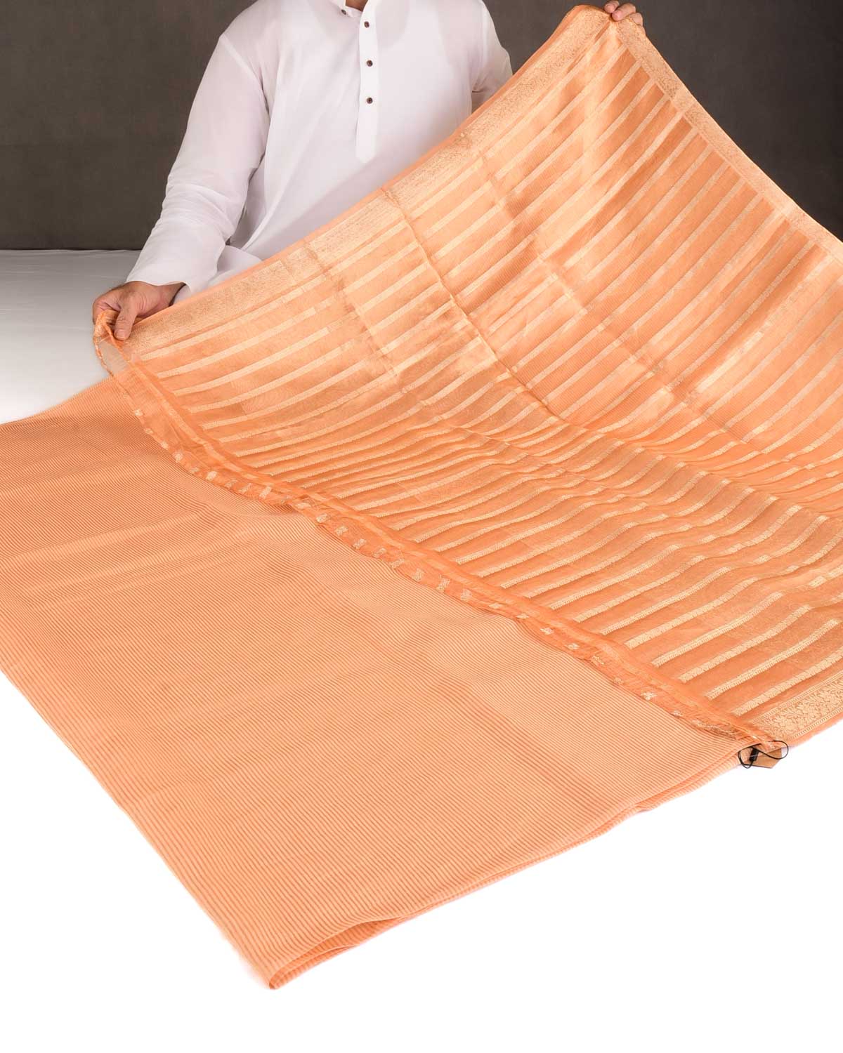 Peach Gold Zari Stripes Brocade Woven Cotton Silk Banarasi Saree with Tissue Blouse Piece