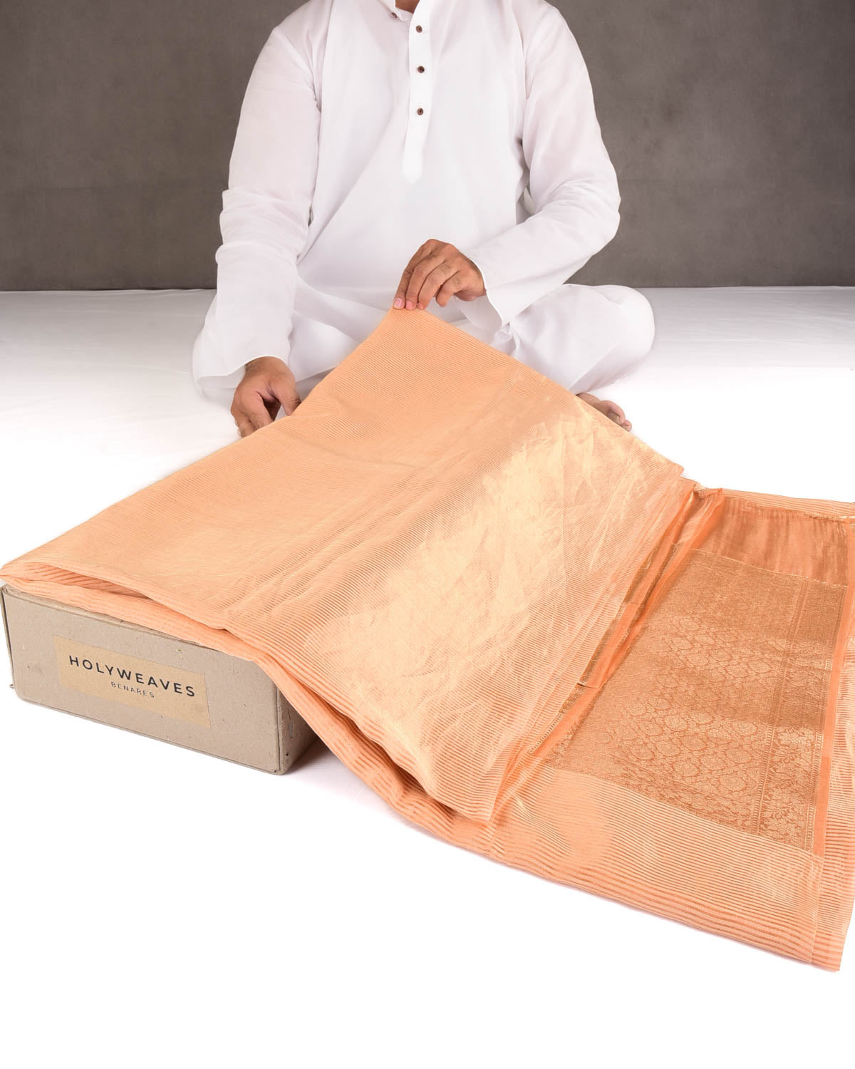 Peach Gold Zari Stripes Brocade Woven Cotton Silk Banarasi Saree with Tissue Blouse Piece