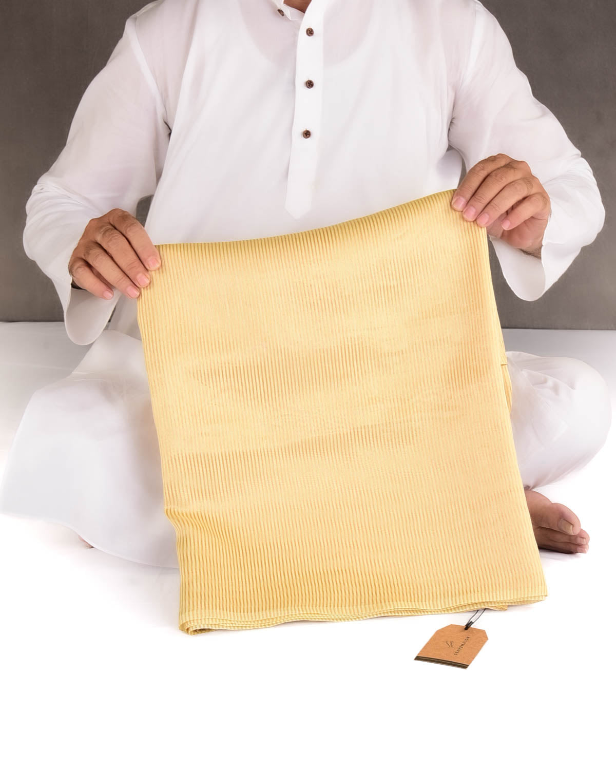Yellow Gold Zari Stripes Brocade Woven Cotton Silk Banarasi Saree with Tissue Blouse Piece