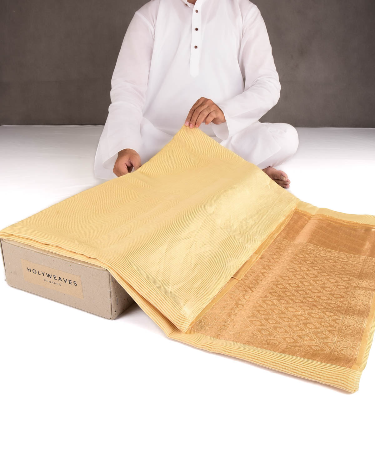 Yellow Gold Zari Stripes Brocade Woven Cotton Silk Banarasi Saree with Tissue Blouse Piece