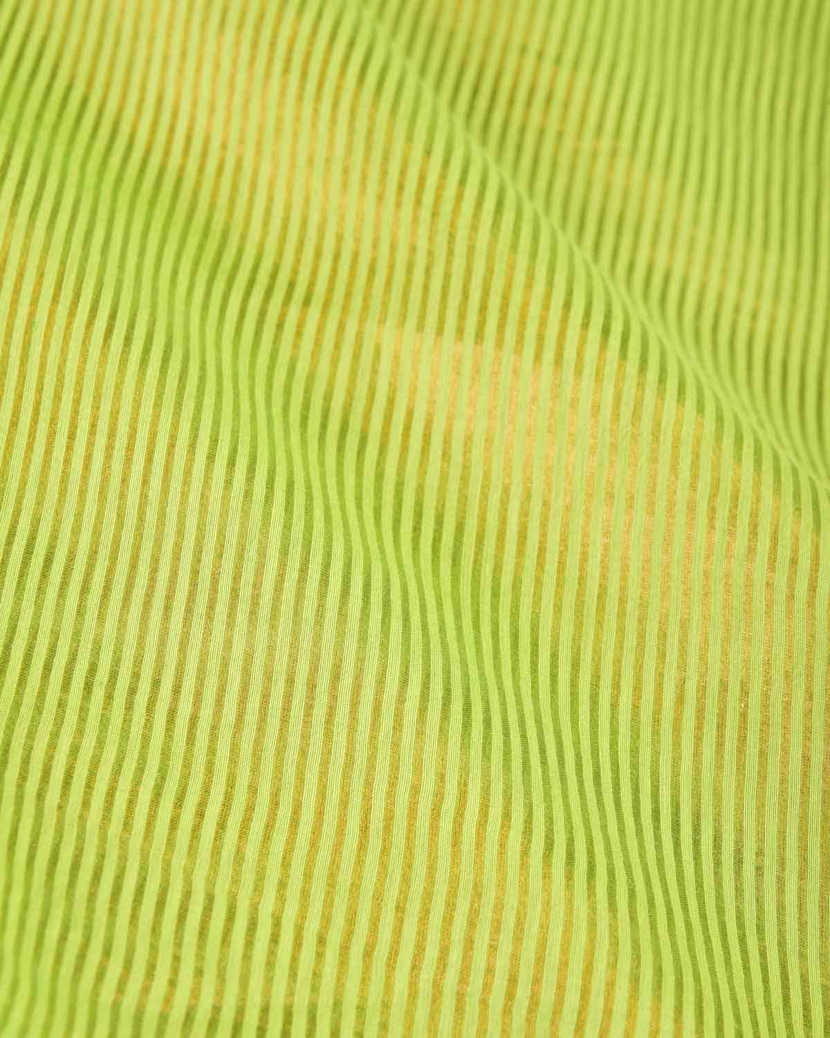 Green Gold Zari Stripes Brocade Woven Cotton Silk Banarasi Saree with Tissue Blouse Piece
