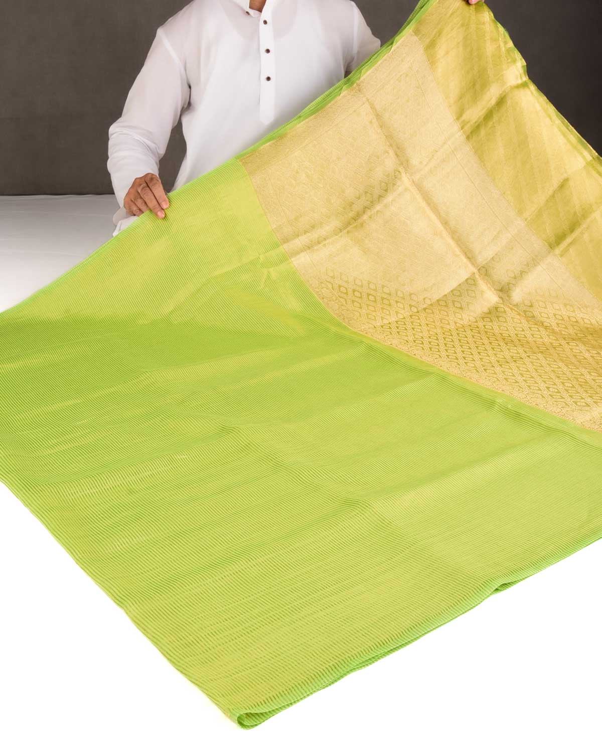 Green Gold Zari Stripes Brocade Woven Cotton Silk Banarasi Saree with Tissue Blouse Piece