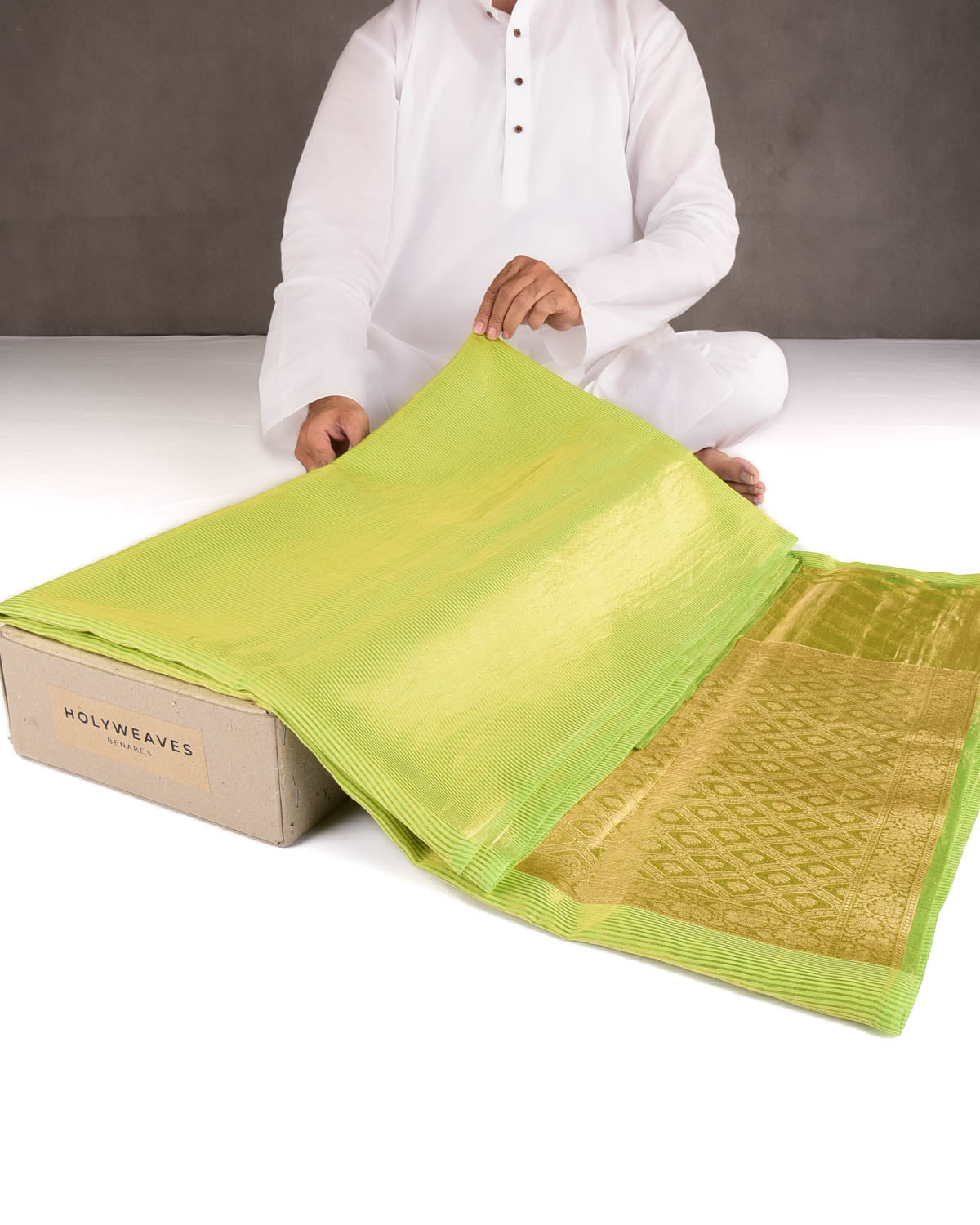Green Gold Zari Stripes Brocade Woven Cotton Silk Banarasi Saree with Tissue Blouse Piece