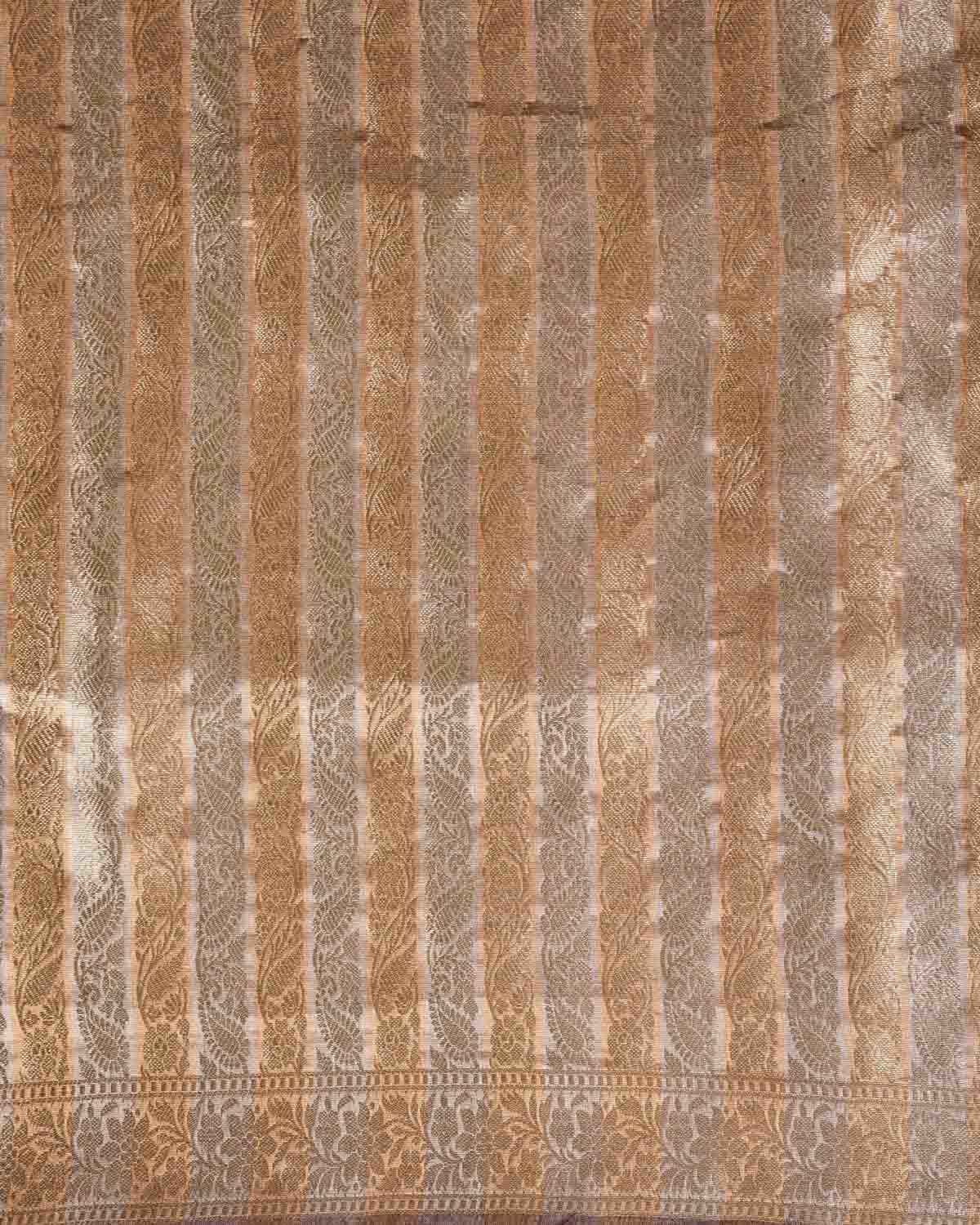 Metallic Brown Gold & Silver Zari Ornament Stripes Brocade Woven Kora Tissue Banarasi Saree