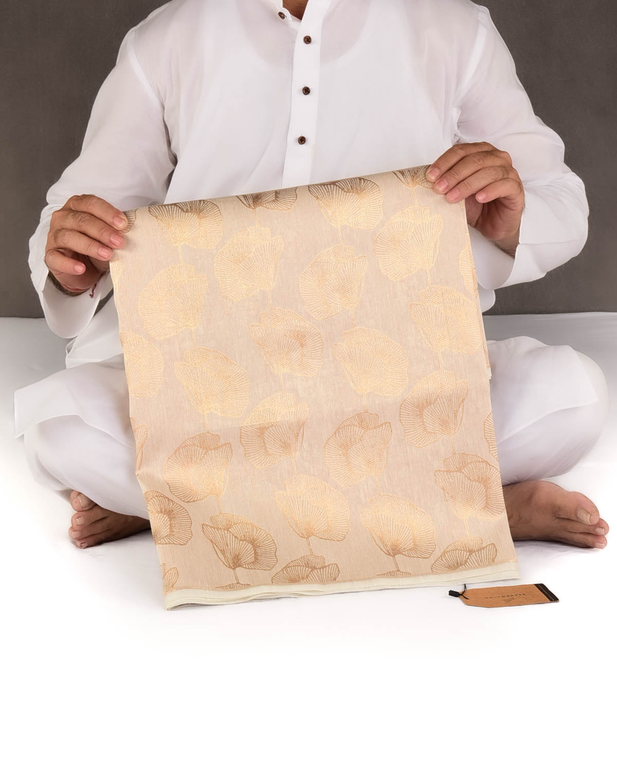Cream Gold Zari Floral Contemporary Brocade Woven Cotton Silk Banarasi Saree-HolyWeaves