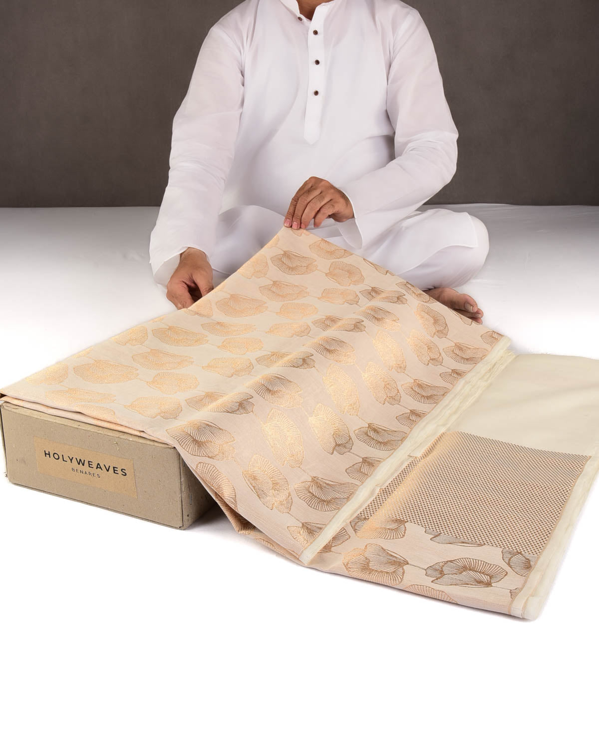 Cream Gold Zari Floral Contemporary Brocade Woven Cotton Silk Banarasi Saree-HolyWeaves