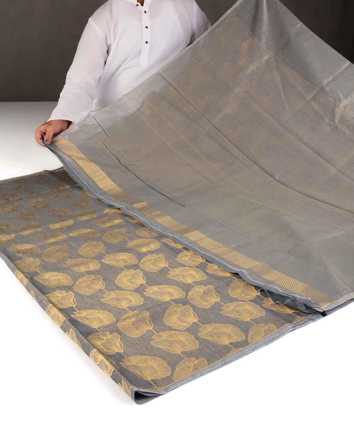 Gray Gold Zari Floral Contemporary Brocade Woven Cotton Silk Banarasi Saree-HolyWeaves