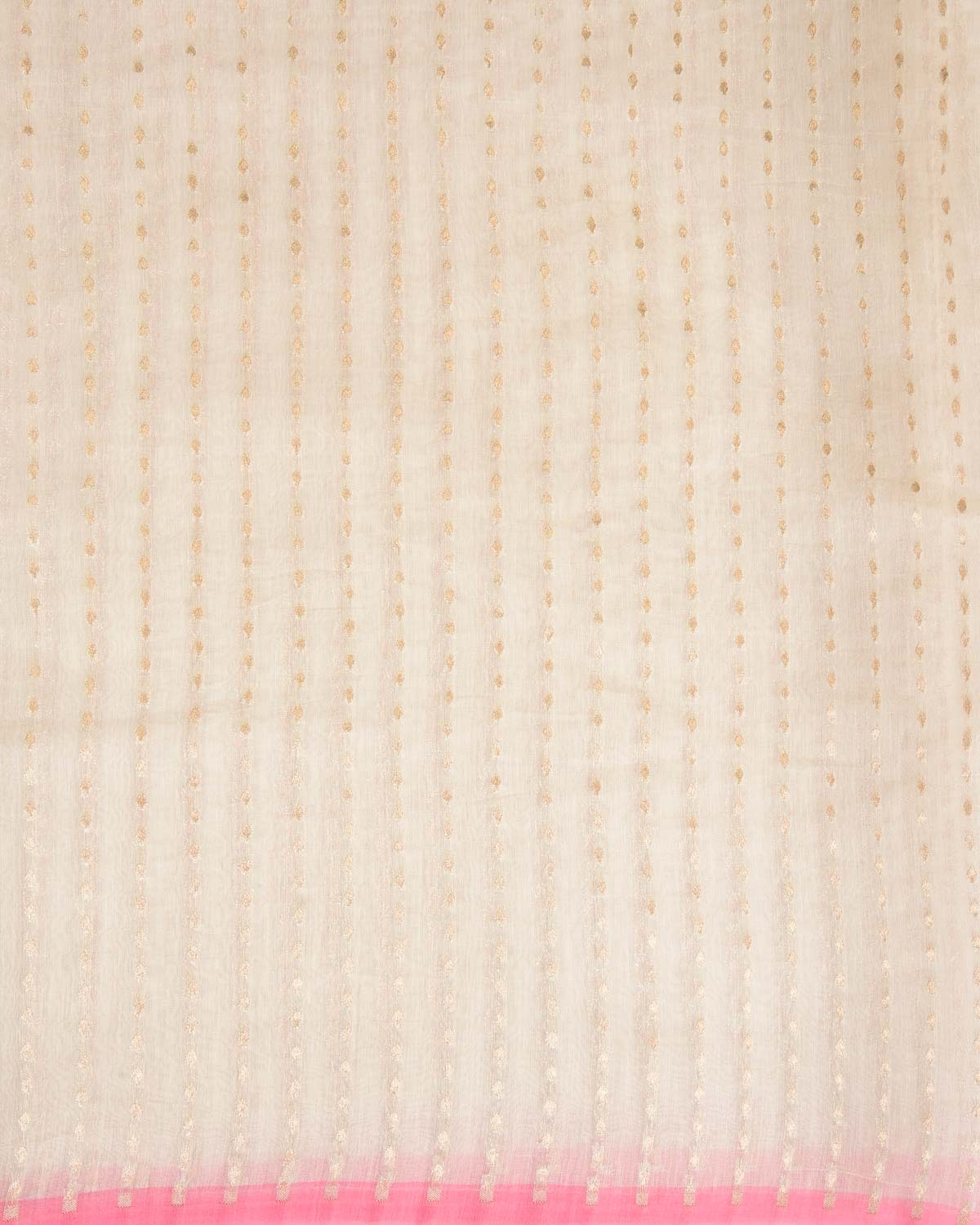 Ivory White Gold Zari Leaf Stripes Cutwork Brocade Woven Cotton Silk Banarasi Saree with Pink Selvage Pallu