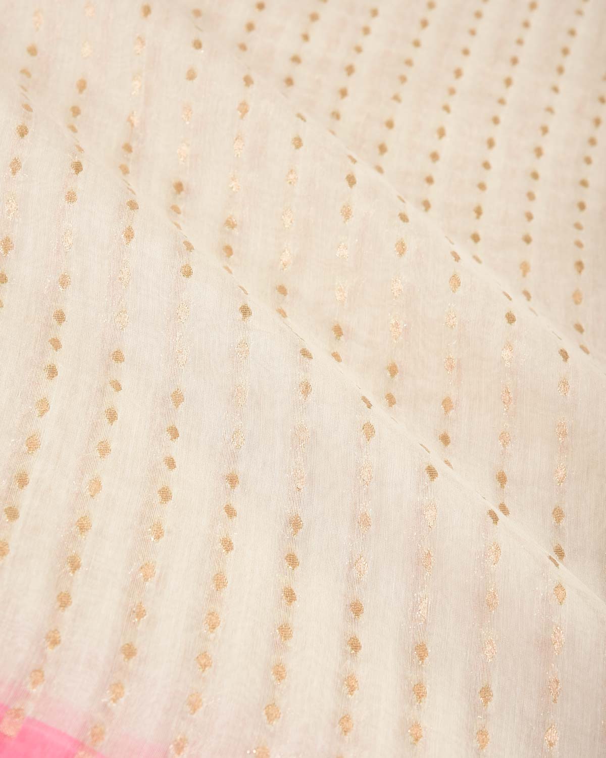 Ivory White Gold Zari Leaf Stripes Cutwork Brocade Woven Cotton Silk Banarasi Saree with Pink Selvage Pallu