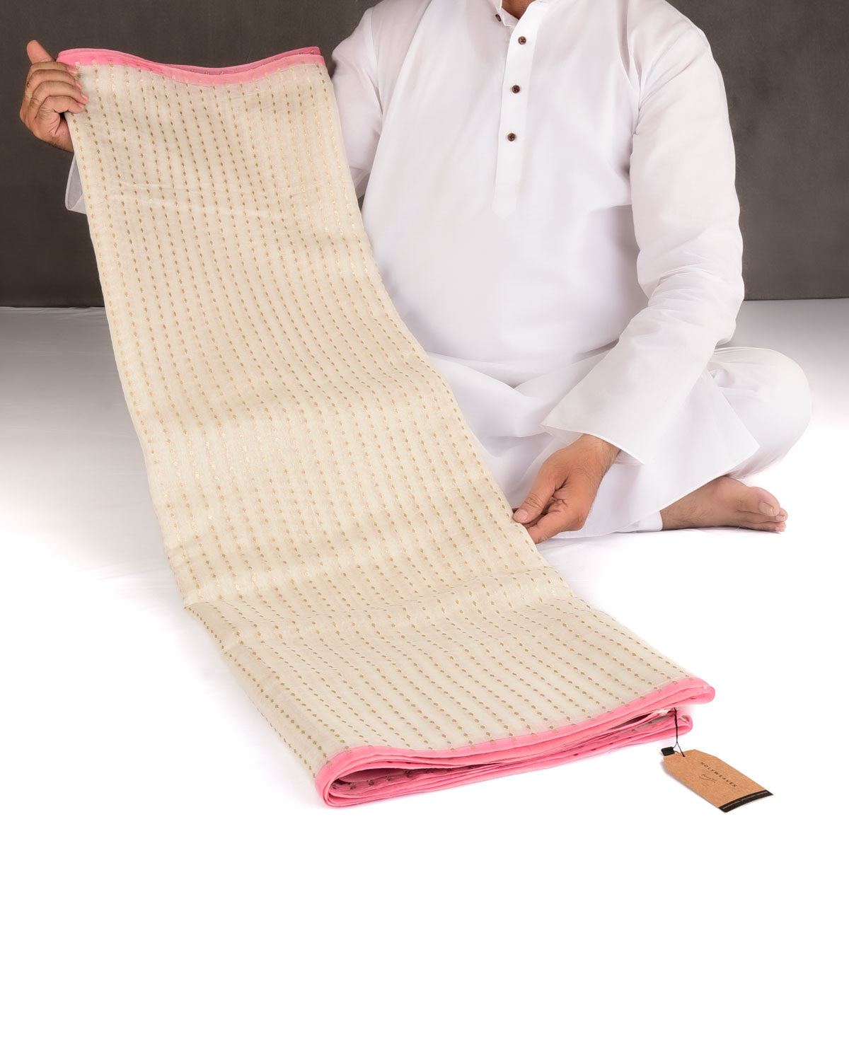 Ivory White Gold Zari Leaf Stripes Cutwork Brocade Woven Cotton Silk Banarasi Saree with Pink Selvage Pallu