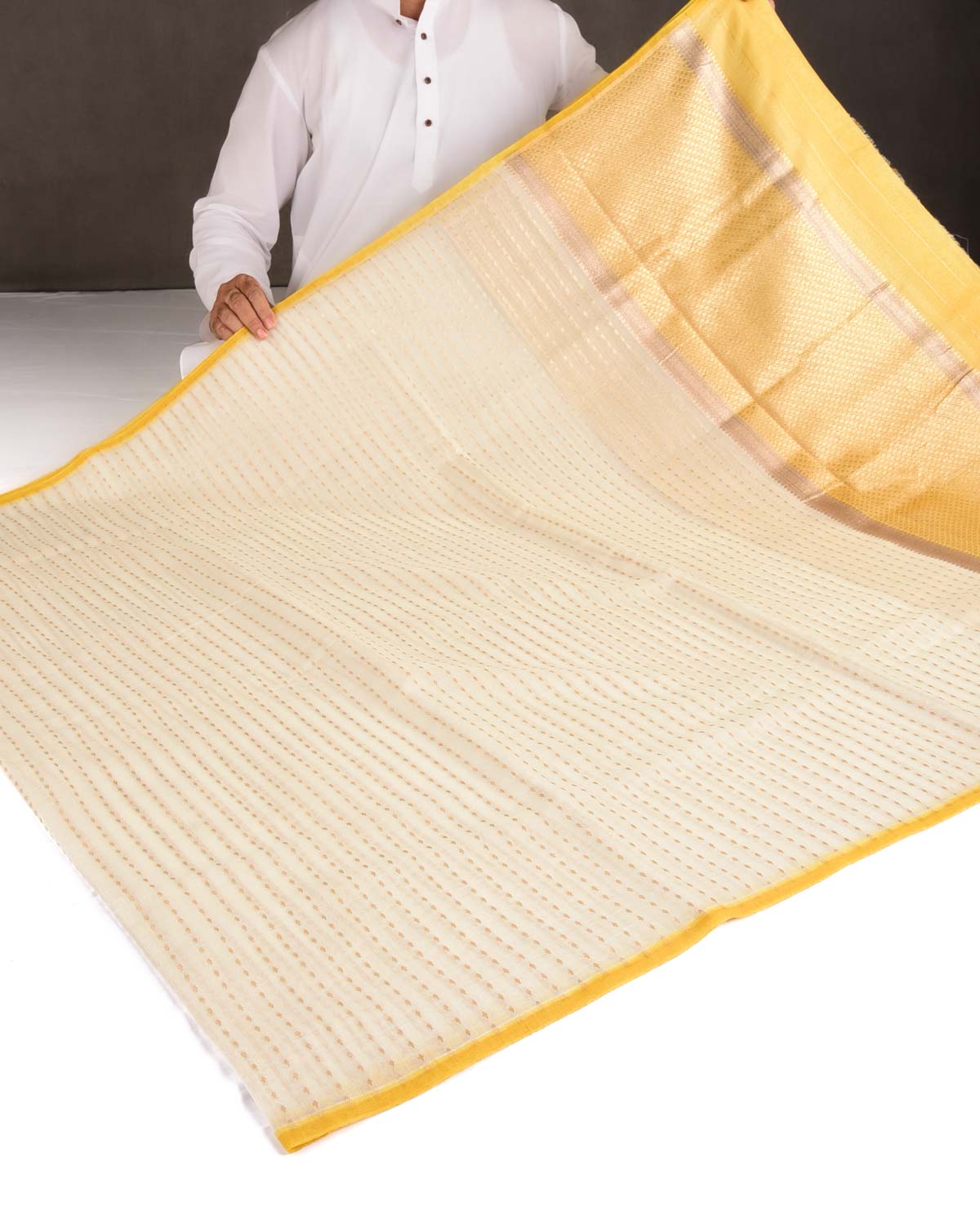 Ivory White Gold Zari Leaf Stripes Cutwork Brocade Woven Cotton Silk Banarasi Saree with Yellow Selvage Pallu