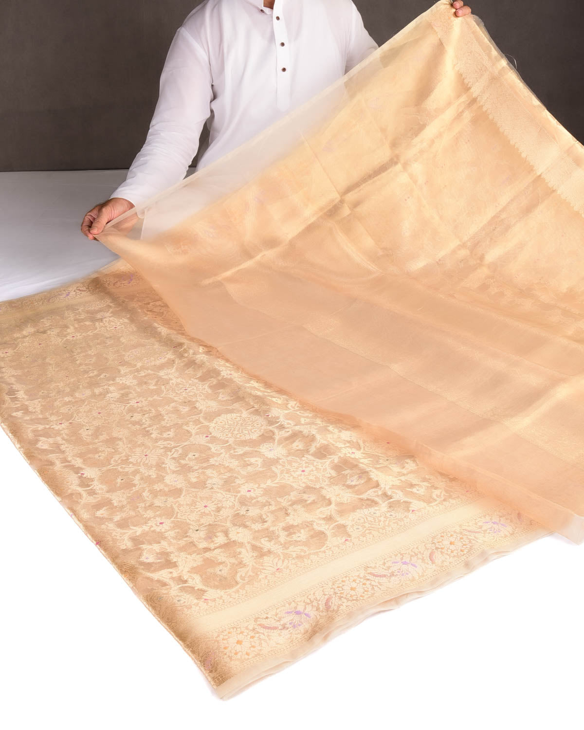 Metallic Gold Zari Floral Meenekari Jaal Brocade Woven Kora Tissue Banarasi Saree