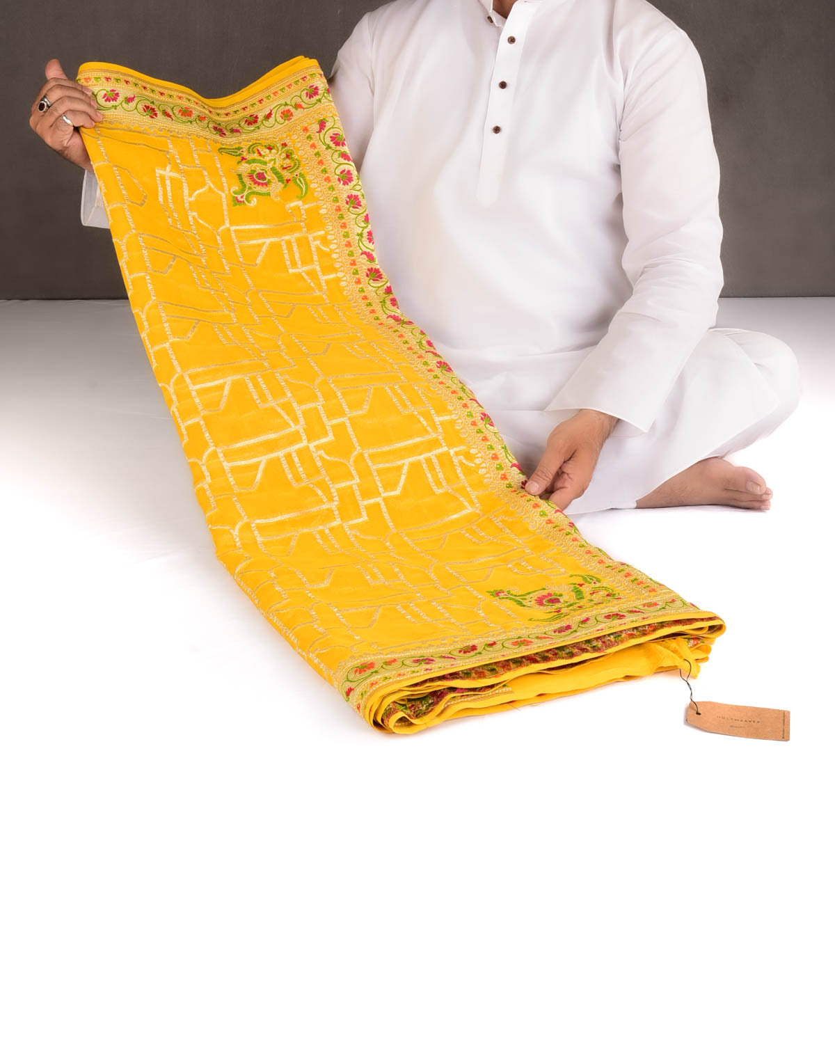 Marigold Yellow Gold Zari and Resham Meenekari Cutwork Brocade Handwoven Khaddi Georgette Banarasi Saree-HolyWeaves