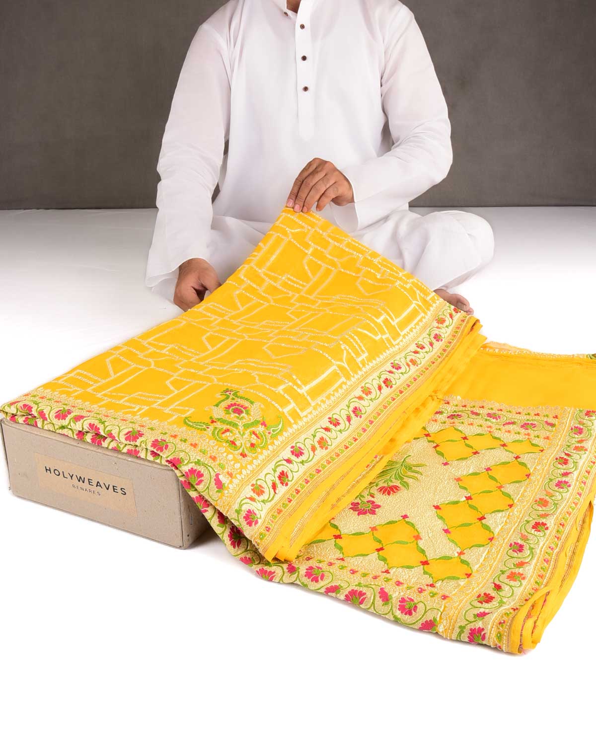 Marigold Yellow Gold Zari and Resham Meenekari Cutwork Brocade Handwoven Khaddi Georgette Banarasi Saree-HolyWeaves