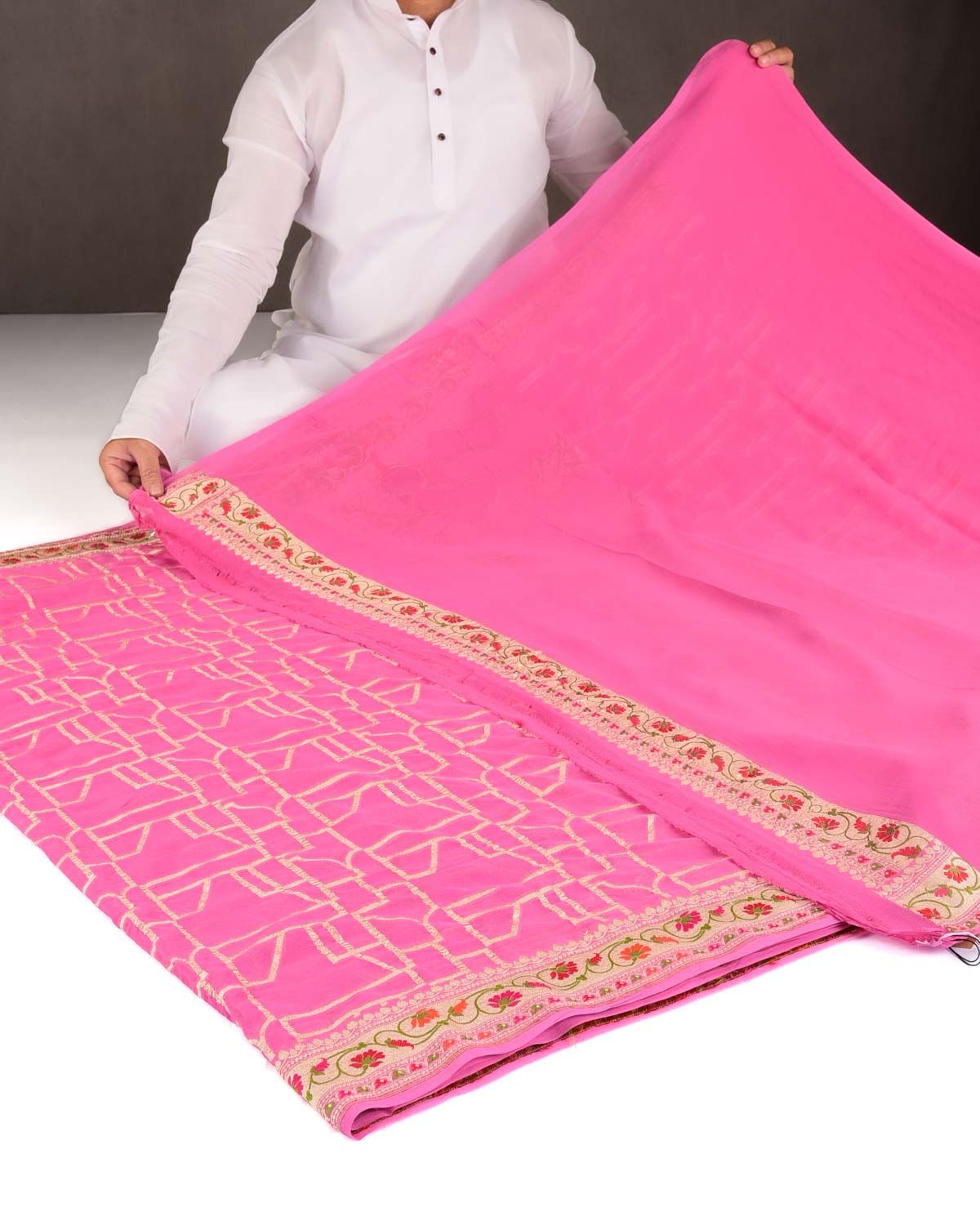 Pink Gold Zari and Resham Meenekari Cutwork Brocade Handwoven Khaddi Georgette Banarasi Saree-HolyWeaves