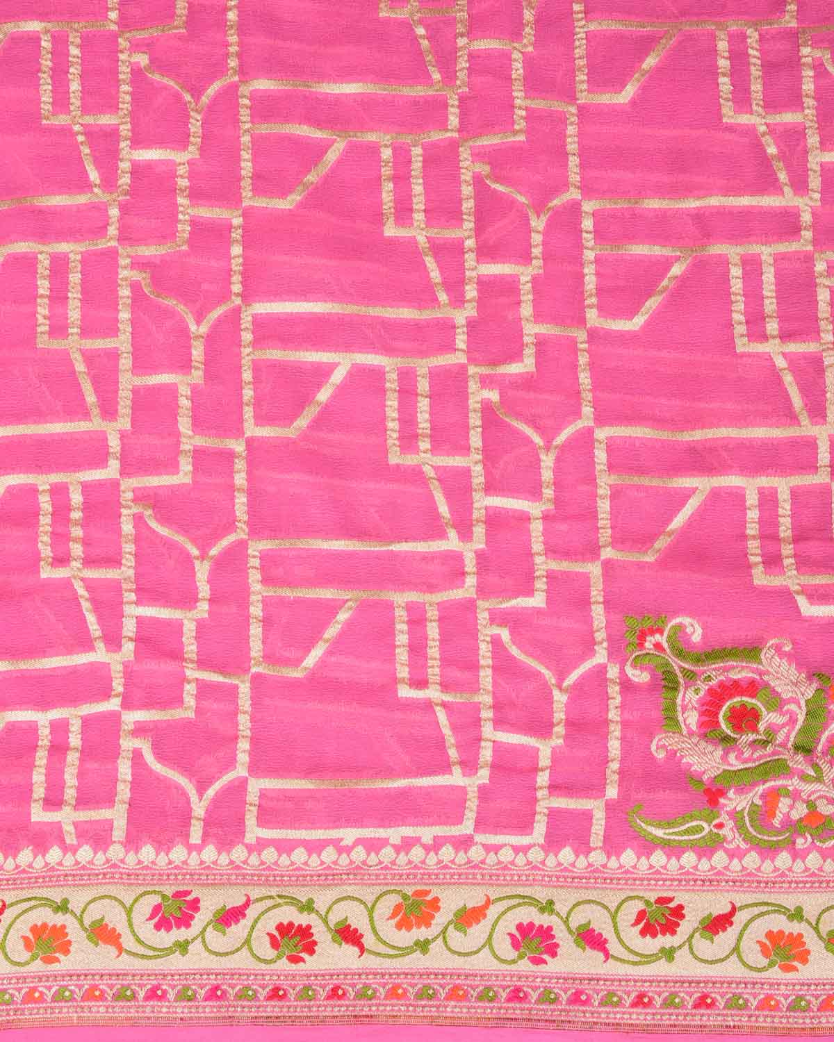Pink Gold Zari and Resham Meenekari Cutwork Brocade Handwoven Khaddi Georgette Banarasi Saree-HolyWeaves