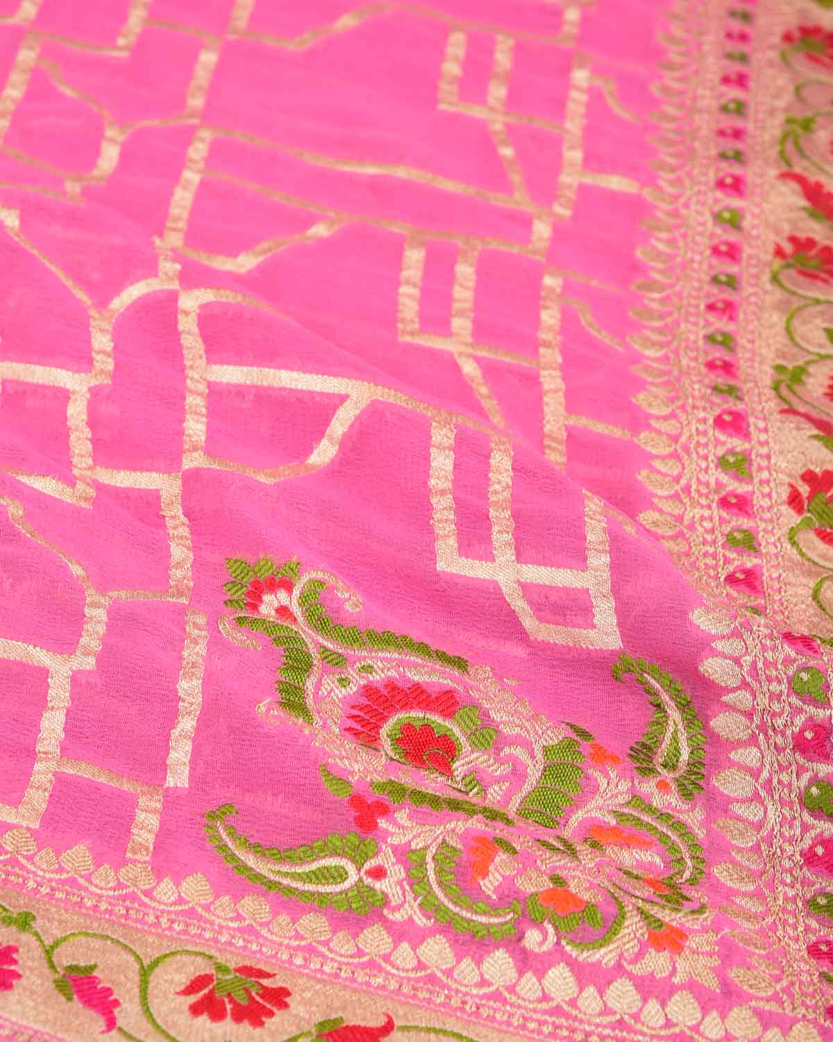 Pink Gold Zari and Resham Meenekari Cutwork Brocade Handwoven Khaddi Georgette Banarasi Saree-HolyWeaves