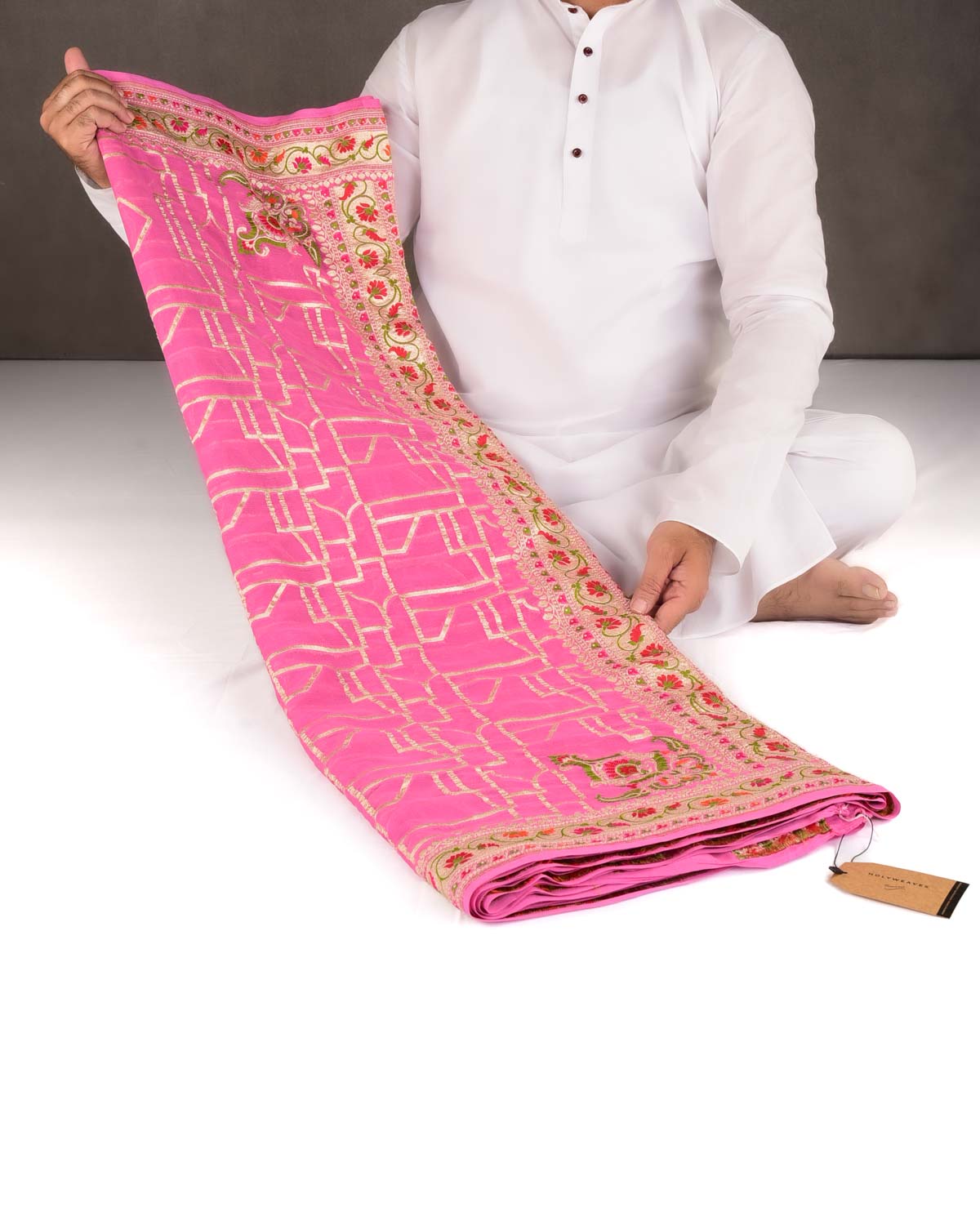 Pink Gold Zari and Resham Meenekari Cutwork Brocade Handwoven Khaddi Georgette Banarasi Saree-HolyWeaves