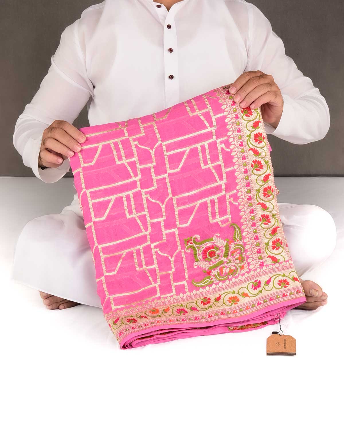 Pink Gold Zari and Resham Meenekari Cutwork Brocade Handwoven Khaddi Georgette Banarasi Saree-HolyWeaves