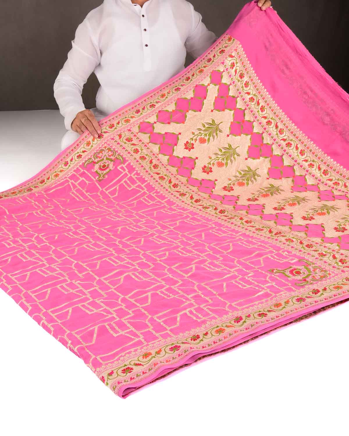 Pink Gold Zari and Resham Meenekari Cutwork Brocade Handwoven Khaddi Georgette Banarasi Saree-HolyWeaves
