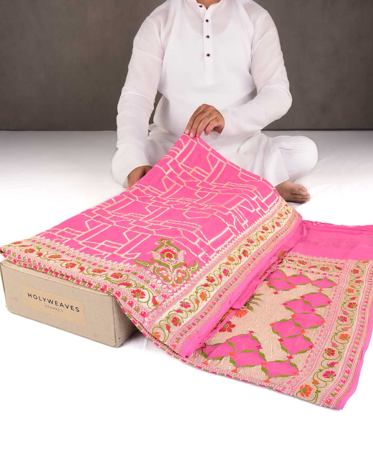 Pink Gold Zari and Resham Meenekari Cutwork Brocade Handwoven Khaddi Georgette Banarasi Saree-HolyWeaves