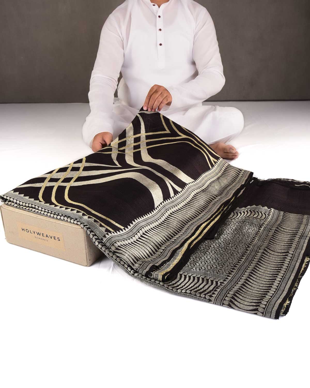 Black Gold & Silver Zari Contemporary Cutwork Brocade Handwoven Tasar Silk Banarasi Saree-HolyWeaves