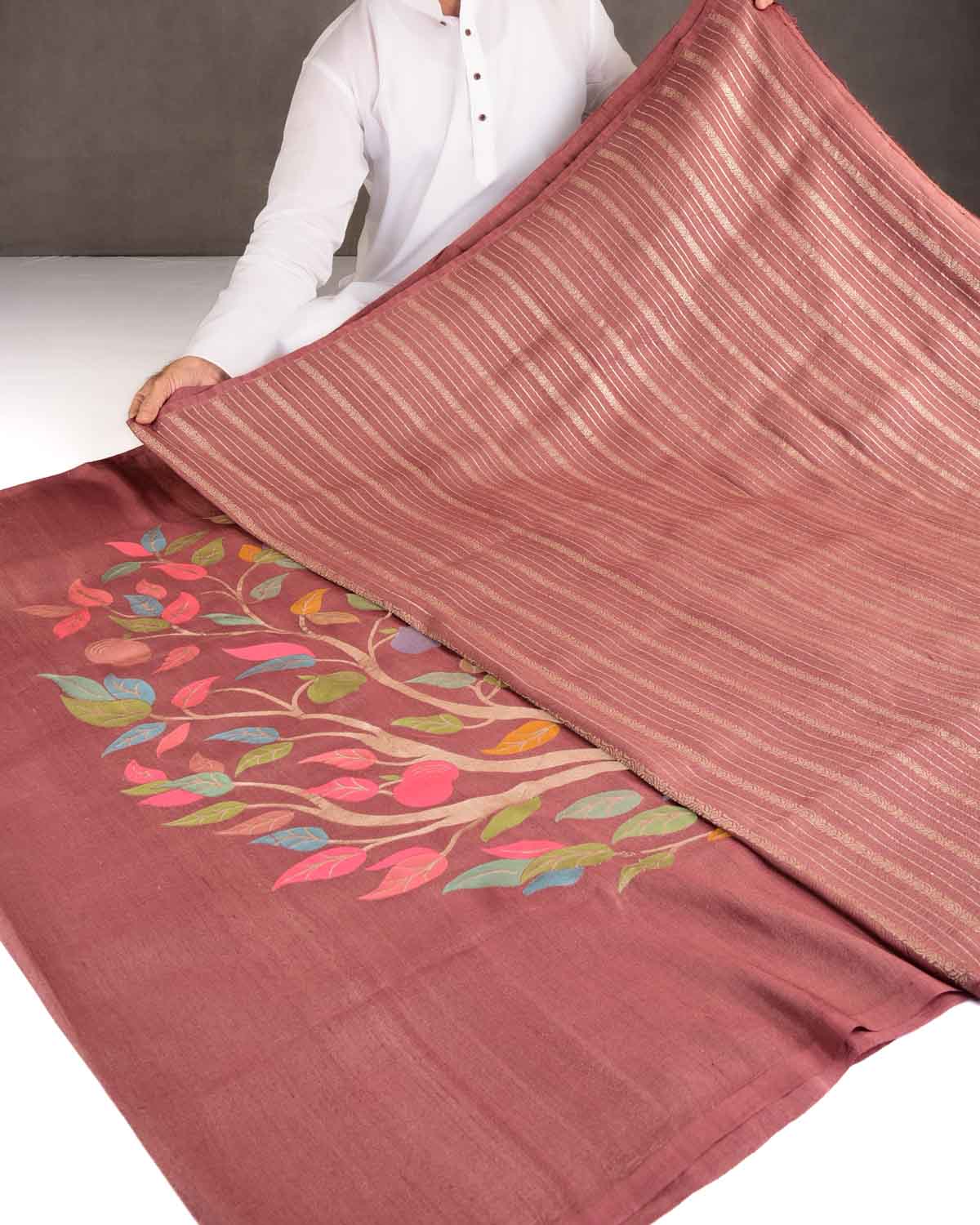 Brown Zari & Colored Leaves Palla Cutwork Brocade Handwoven Tasar Silk Banarasi Saree-HolyWeaves
