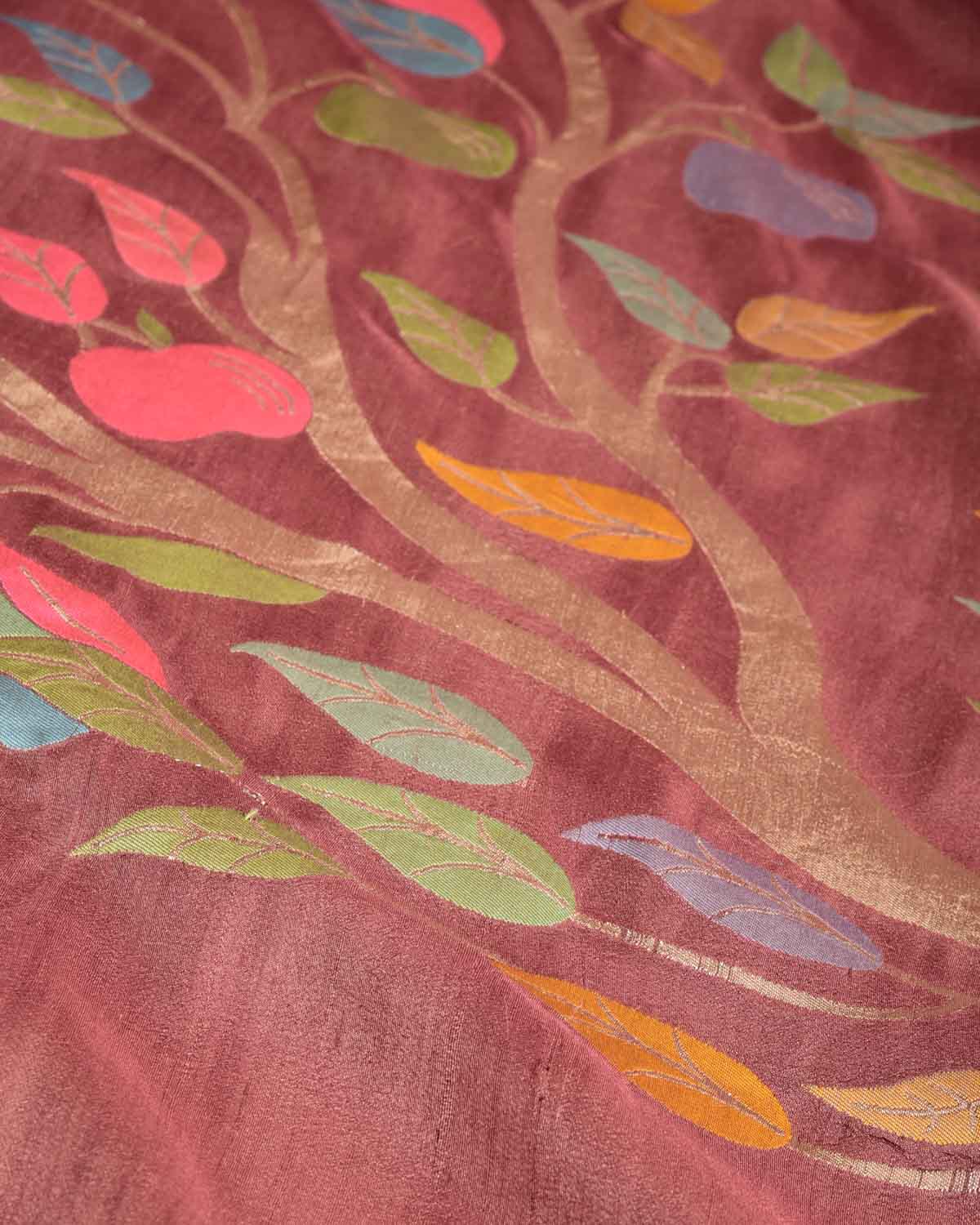 Brown Zari & Colored Leaves Palla Cutwork Brocade Handwoven Tasar Silk Banarasi Saree-HolyWeaves