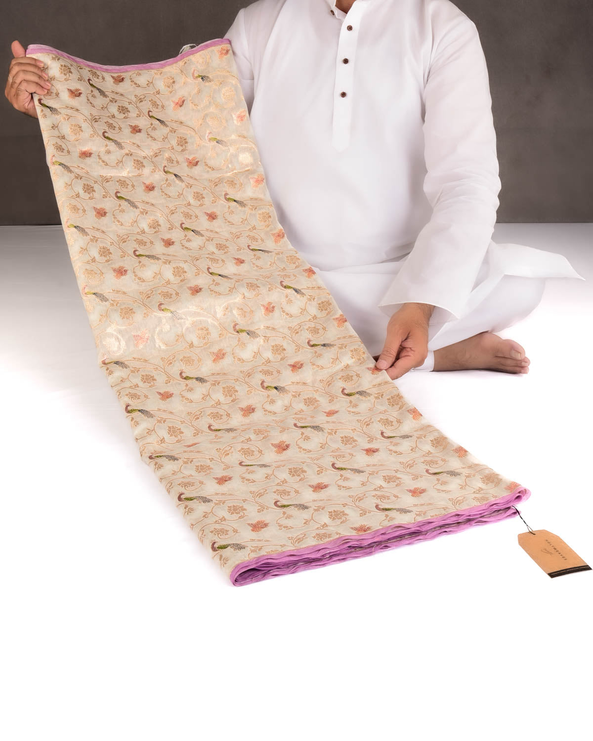 Ivory White Gold Zari Peacock Shikargah Hand Brush Dye Cutwork Brocade Woven Cotton Silk Banarasi Saree