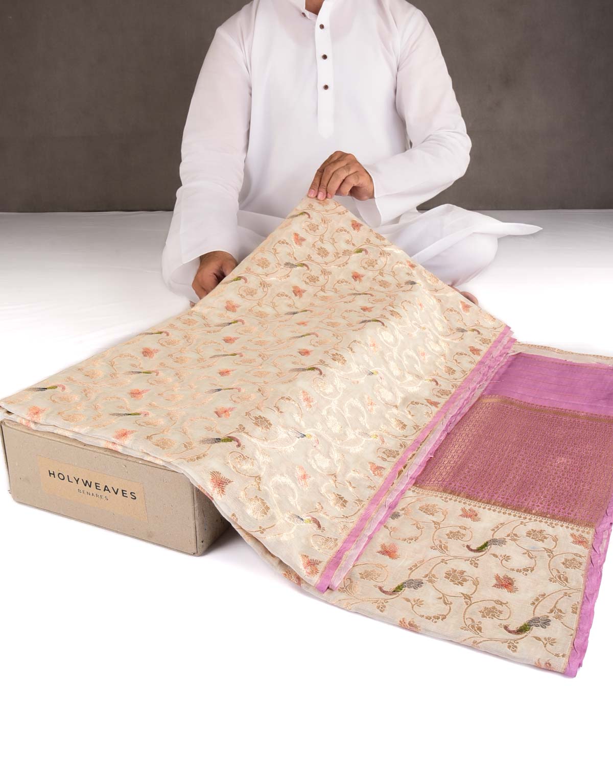 Ivory White Gold Zari Peacock Shikargah Hand Brush Dye Cutwork Brocade Woven Cotton Silk Banarasi Saree