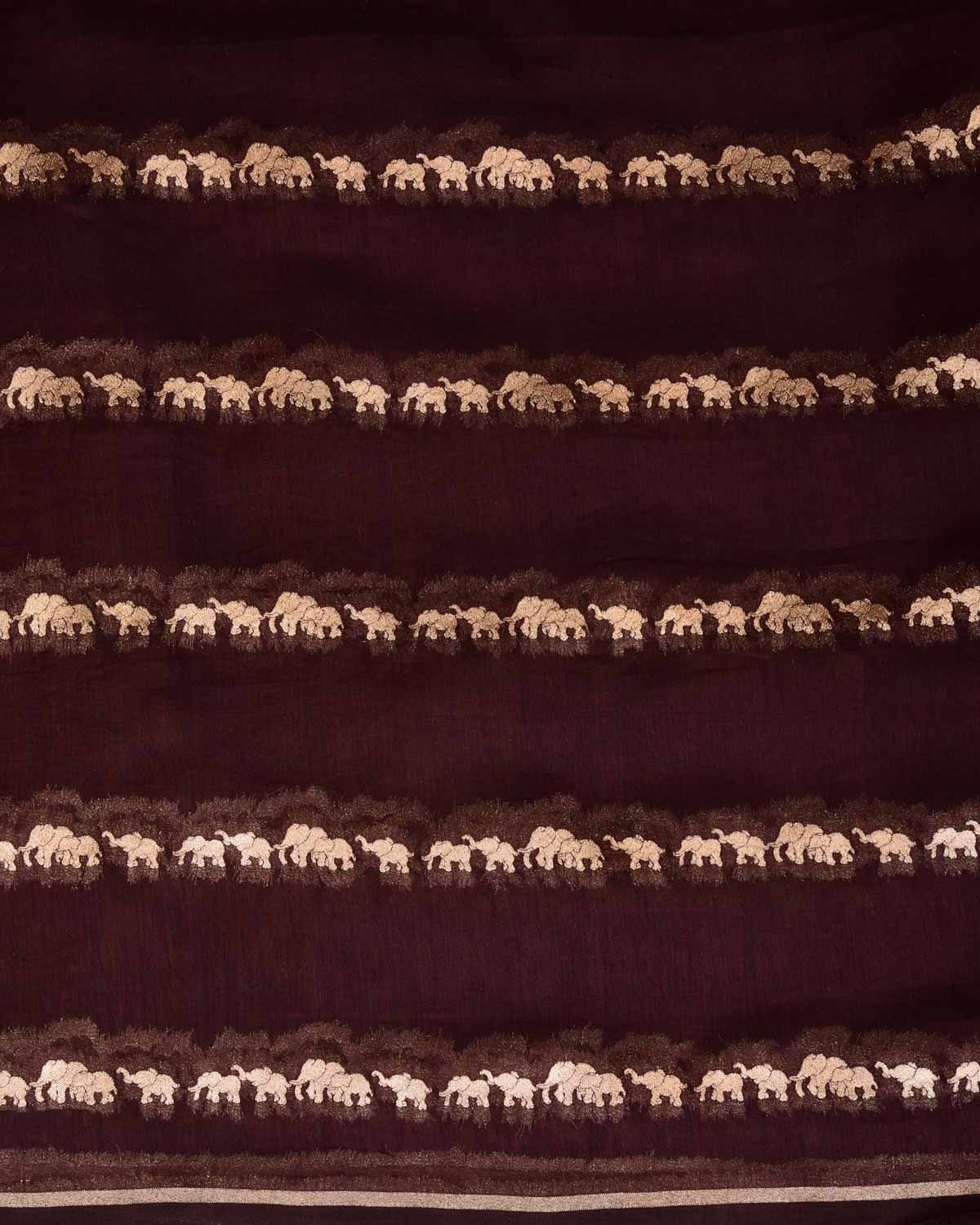 Chocolate Brown Gold Zari Elephants Herd Cutwork Brocade Woven Cotton Silk Banarasi Saree