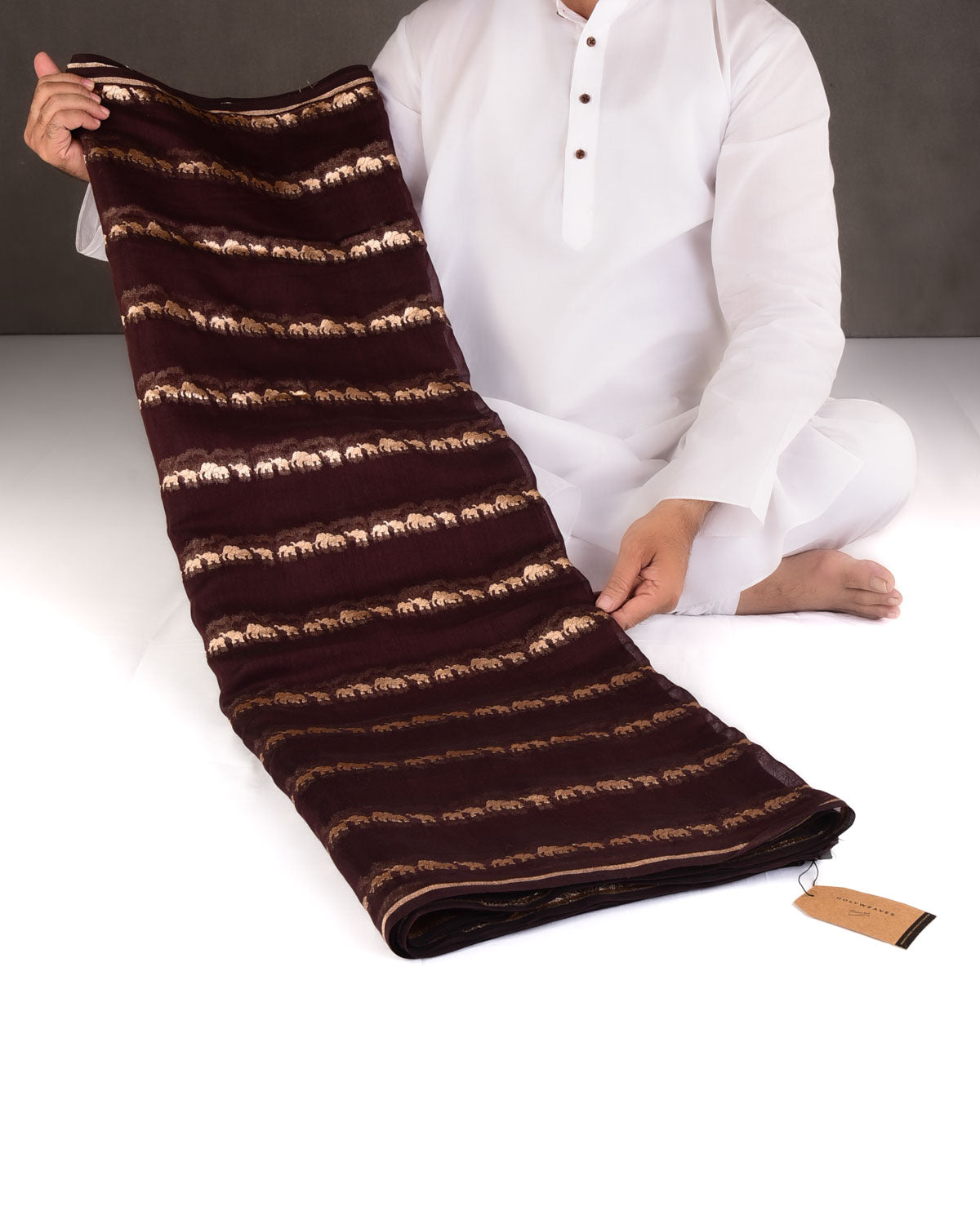 Chocolate Brown Gold Zari Elephants Herd Cutwork Brocade Woven Cotton Silk Banarasi Saree