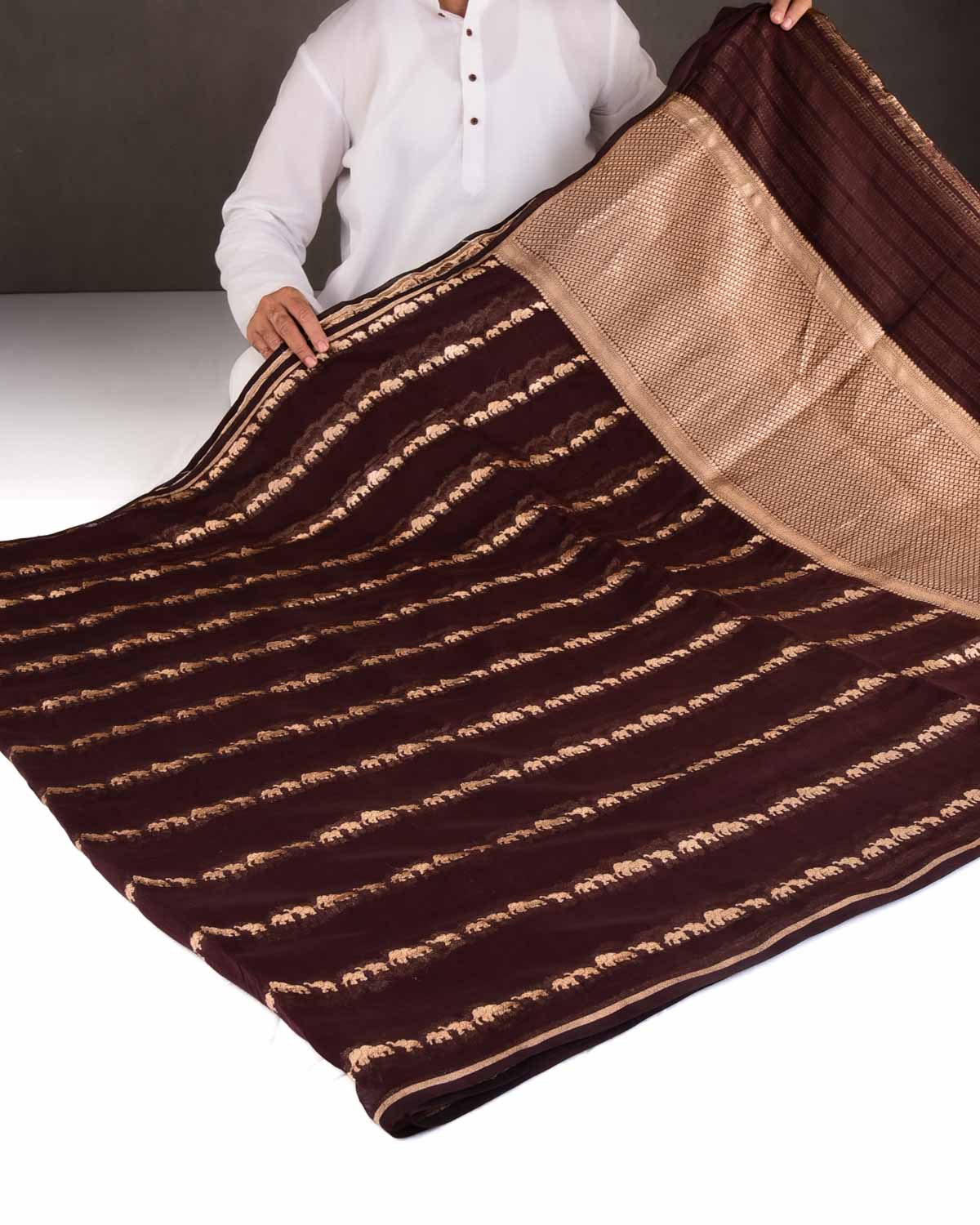 Chocolate Brown Gold Zari Elephants Herd Cutwork Brocade Woven Cotton Silk Banarasi Saree