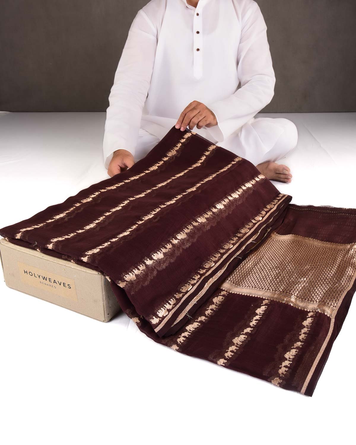 Chocolate Brown Gold Zari Elephants Herd Cutwork Brocade Woven Cotton Silk Banarasi Saree