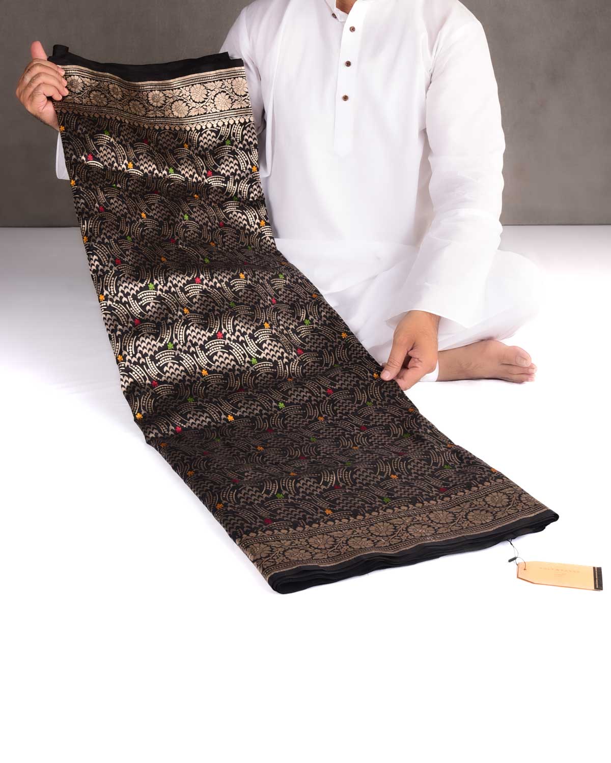 Black Gold Zari Abstract Geometric Cutwork Brocade Handwoven Katan Silk Banarasi Saree