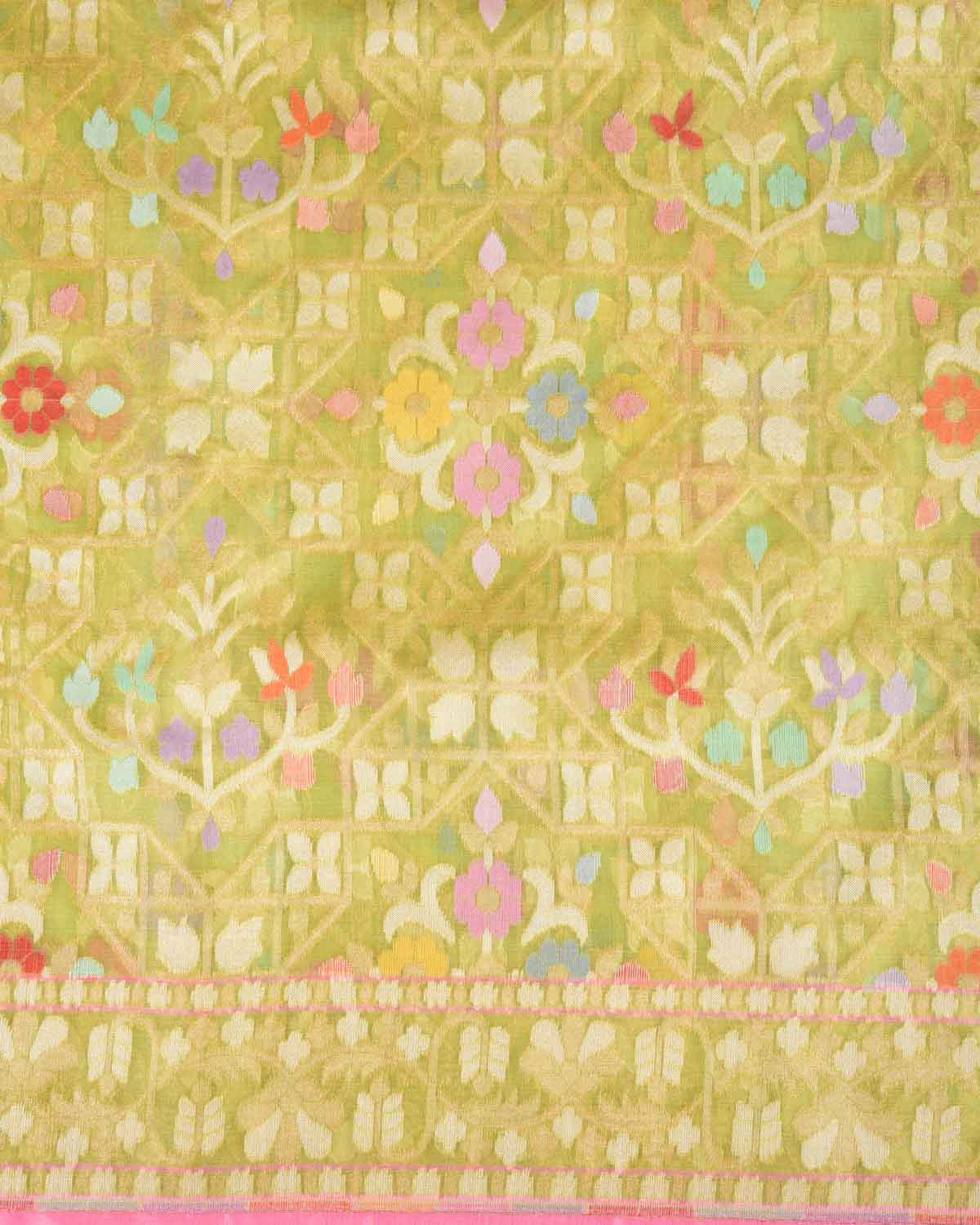 Green Sona Rupa Zari and Meenekari Paudi Cutwork Brocade Handwoven Kora Silk Banarasi Saree