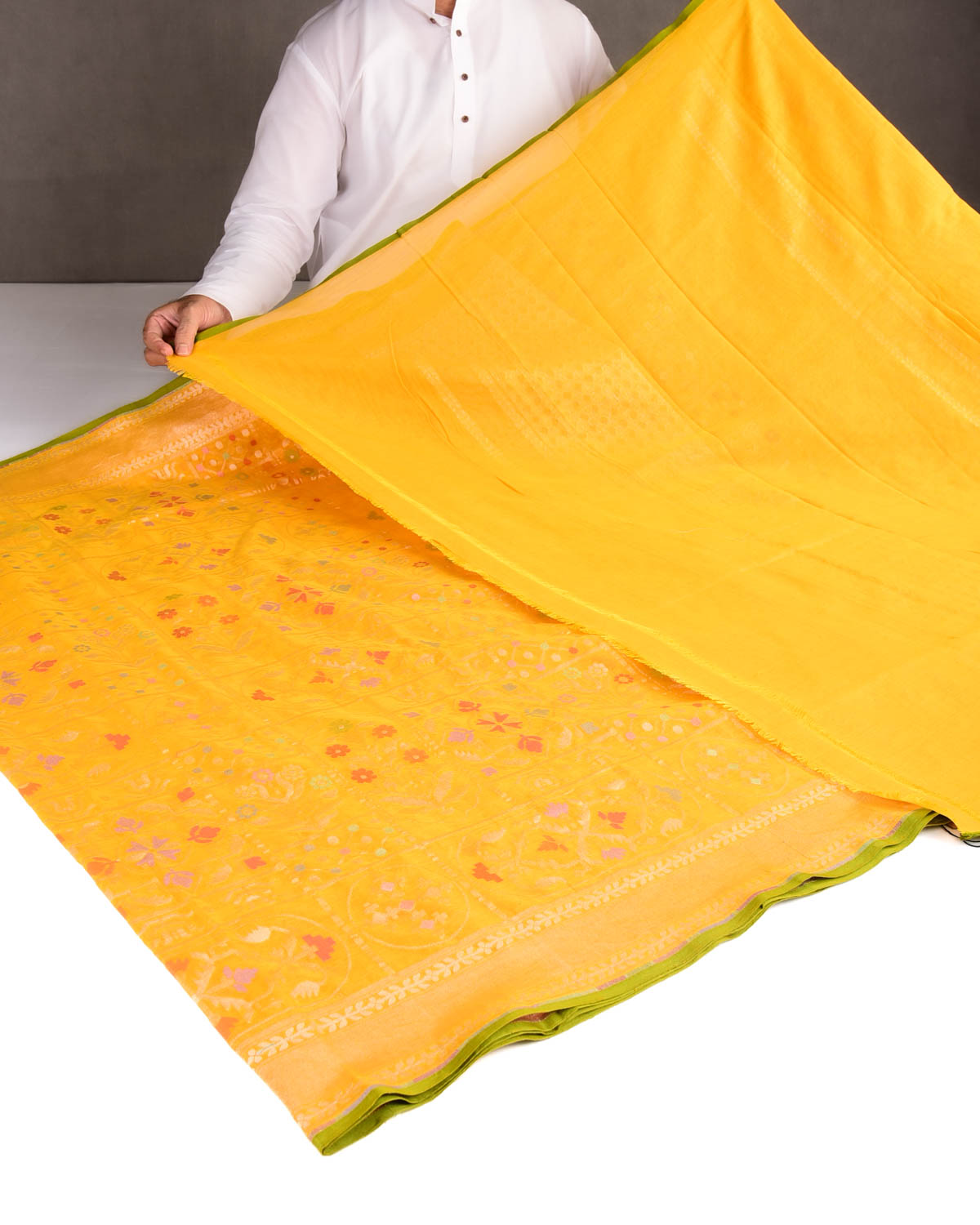 Marigold Yellow Pitambari Gold & Silver Zari & Meenekari Jaal Cutwork Brocade Handwoven Cotton Banarasi Saree