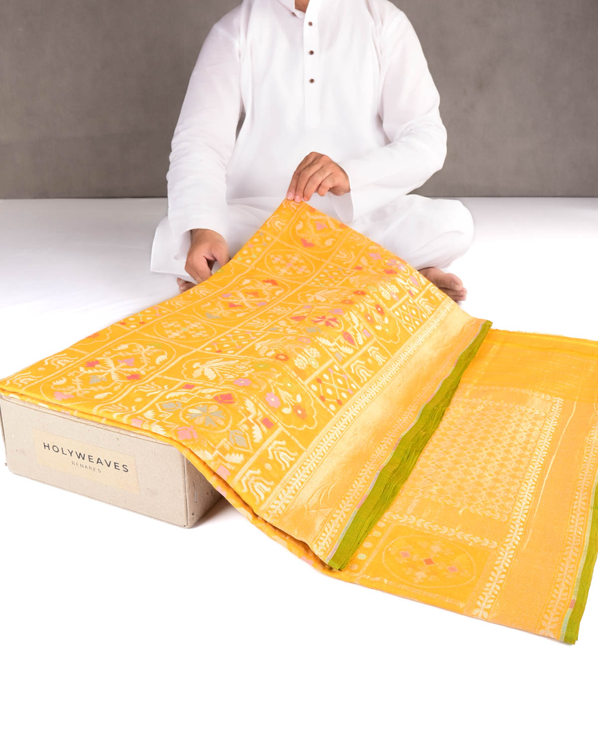 Marigold Yellow Pitambari Gold & Silver Zari & Meenekari Jaal Cutwork Brocade Handwoven Cotton Banarasi Saree