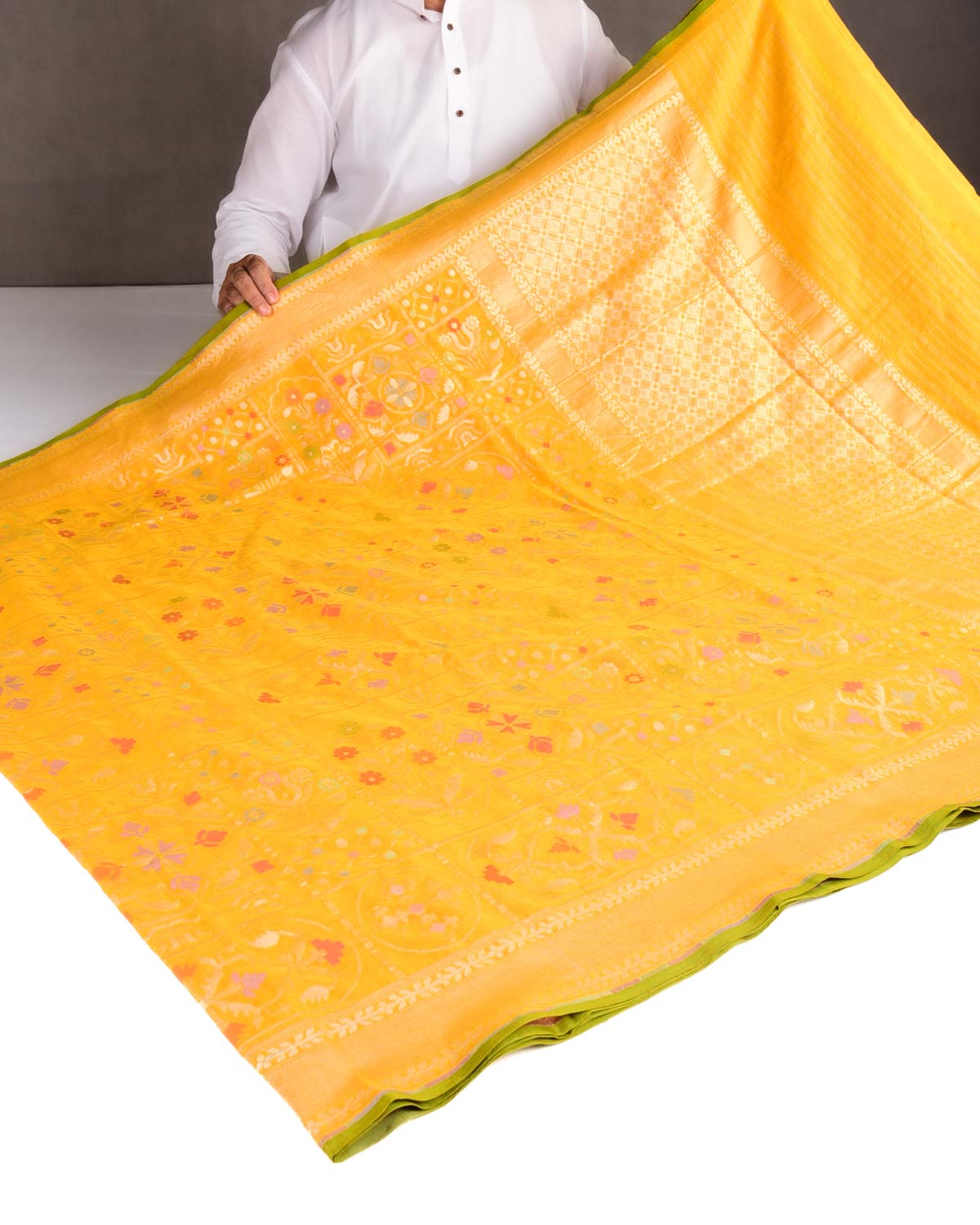 Marigold Yellow Pitambari Gold & Silver Zari & Meenekari Jaal Cutwork Brocade Handwoven Cotton Banarasi Saree