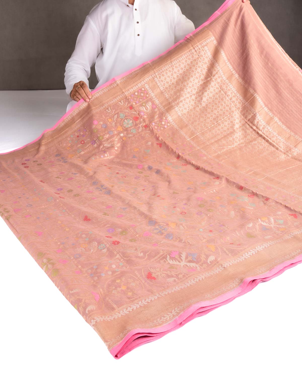 Rosy Brown Mrinalambari Resham And Zari Jamdani Ektara Cutwork Brocade Handwoven Cotton Banarasi Saree