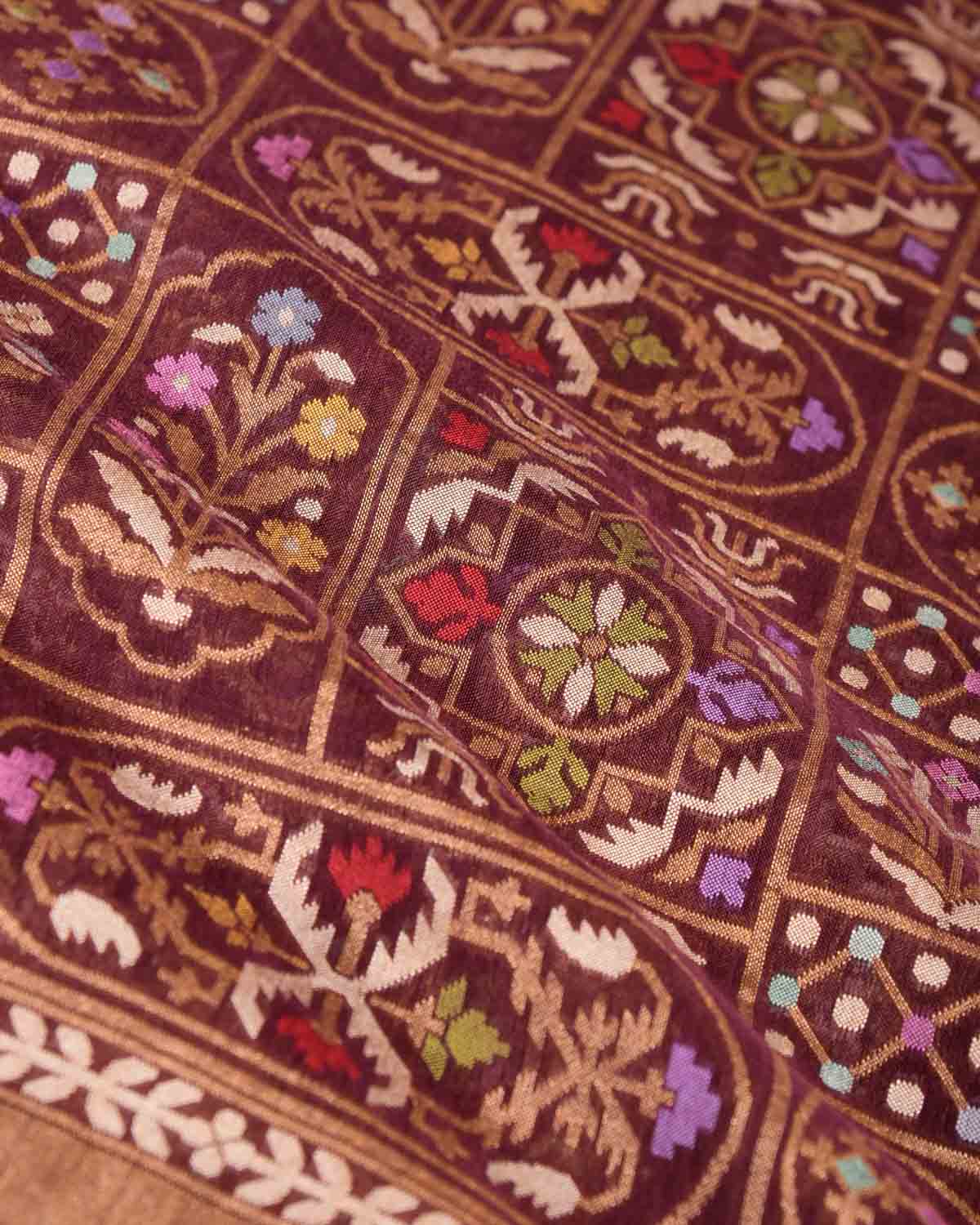 Brown Mrinalambari Resham And Zari Jamdani Ektara Cutwork Brocade Handwoven Cotton Banarasi Saree