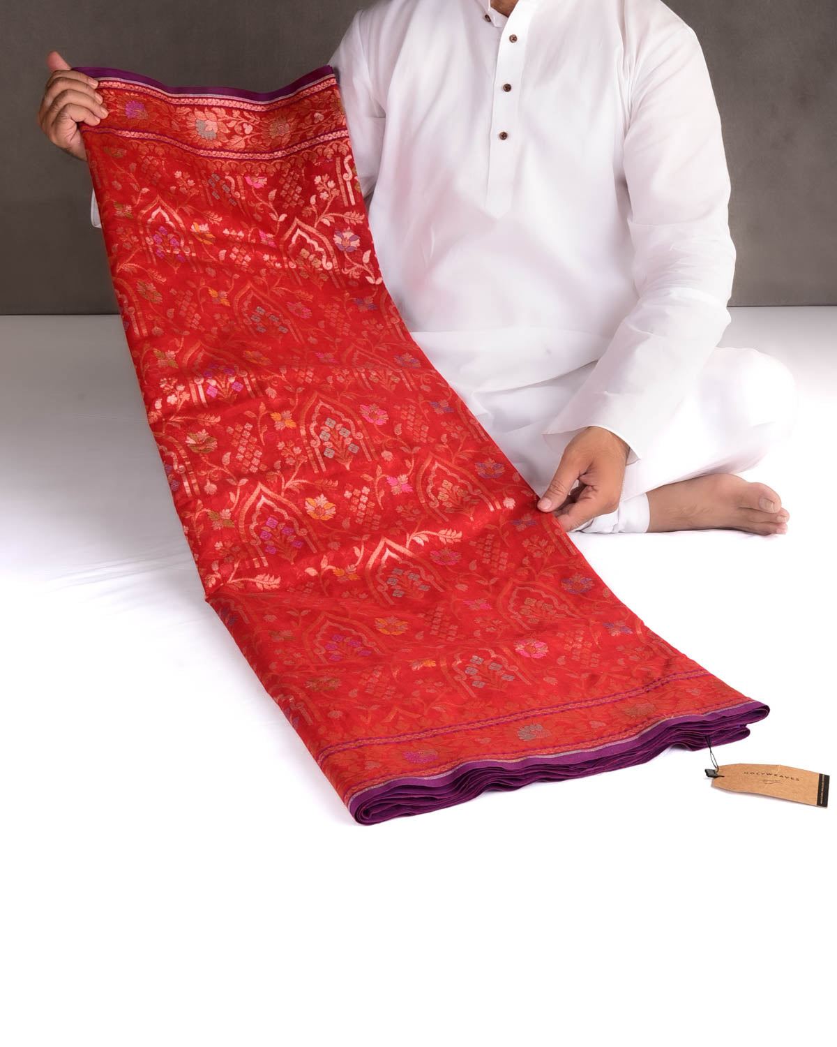 Red Raktambari Gold & Silver Zari & Meenekari Jaal Cutwork Brocade Handwoven Cotton Banarasi Saree