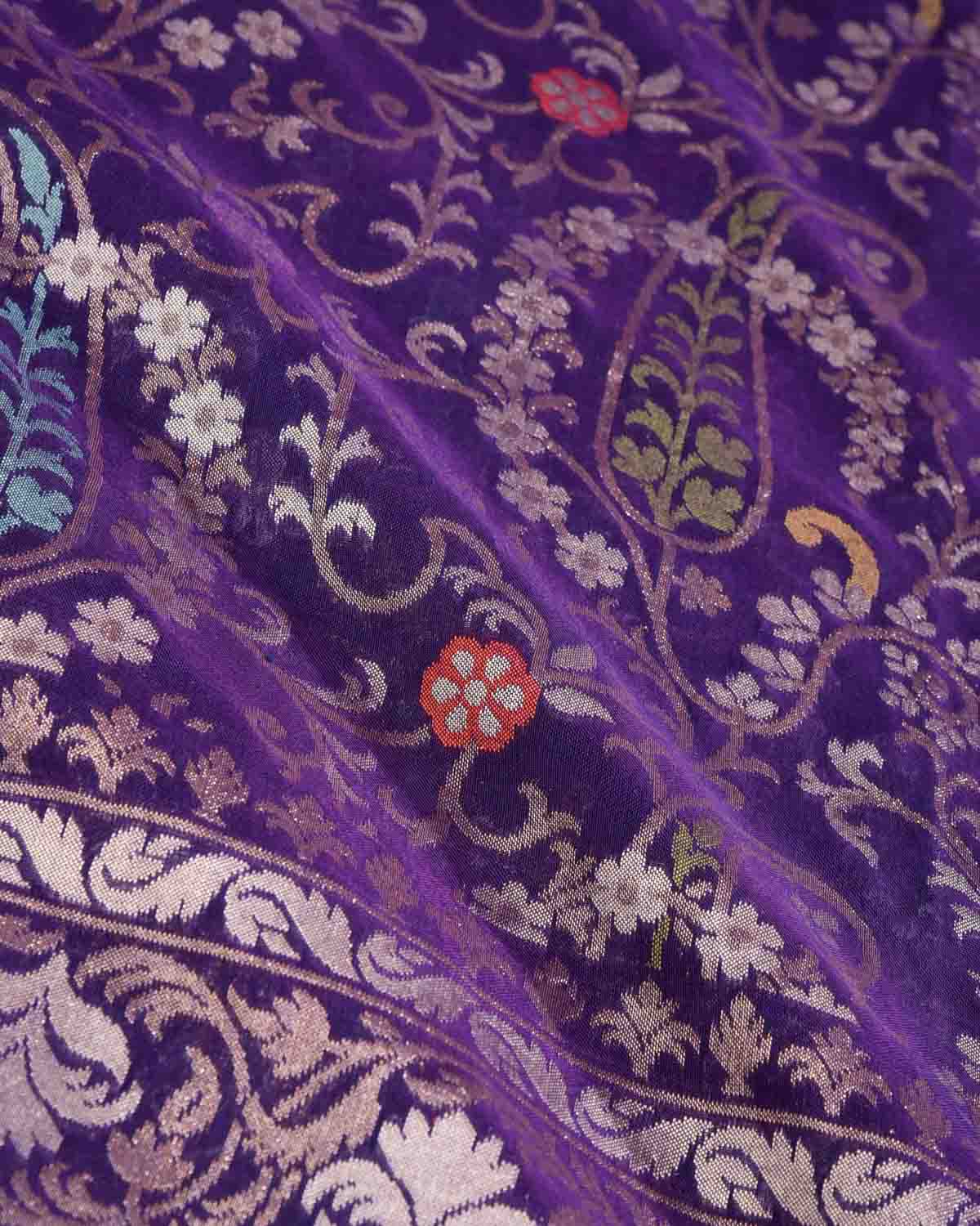 Purple Nilambari Gold & Silver Zari & Meenekari Paisley Jaal Cutwork Brocade Handwoven Cotton Banarasi Saree
