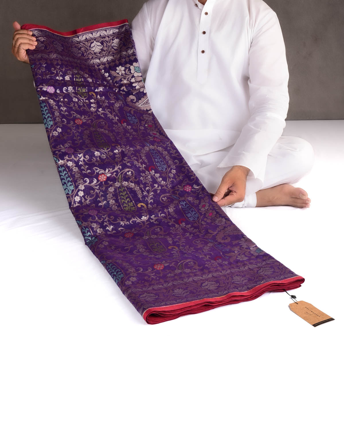 Purple Nilambari Gold & Silver Zari & Meenekari Paisley Jaal Cutwork Brocade Handwoven Cotton Banarasi Saree