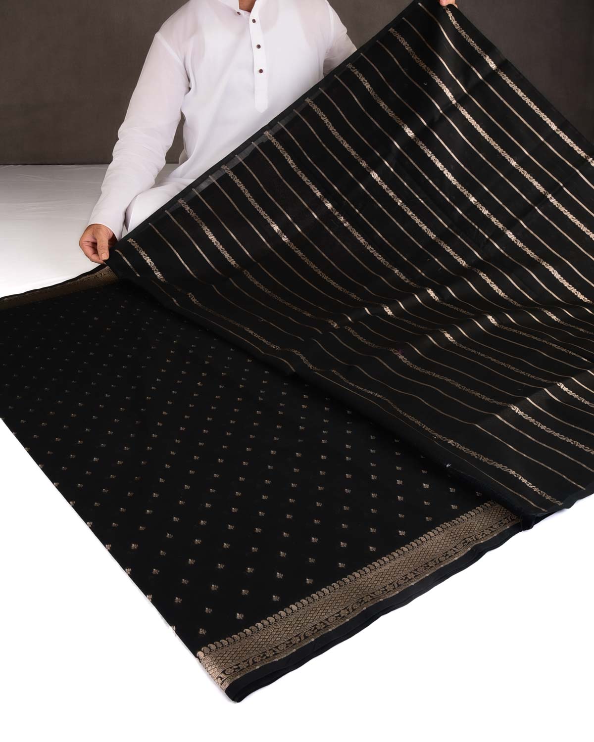Black Gold & Silver Zari Buti Cutwork Brocade Woven Cotton Silk Banarasi Saree