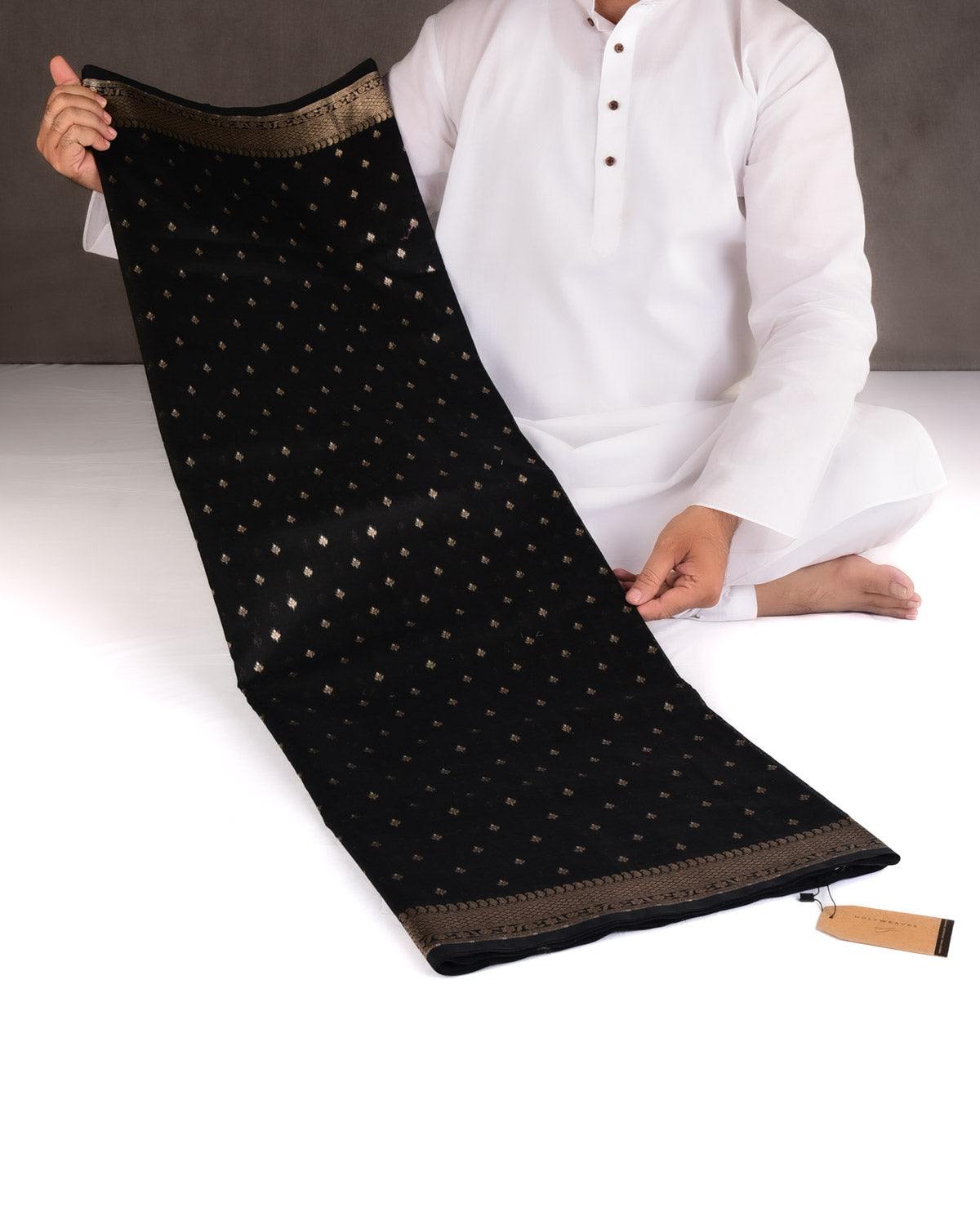 Black Gold & Silver Zari Buti Cutwork Brocade Woven Cotton Silk Banarasi Saree