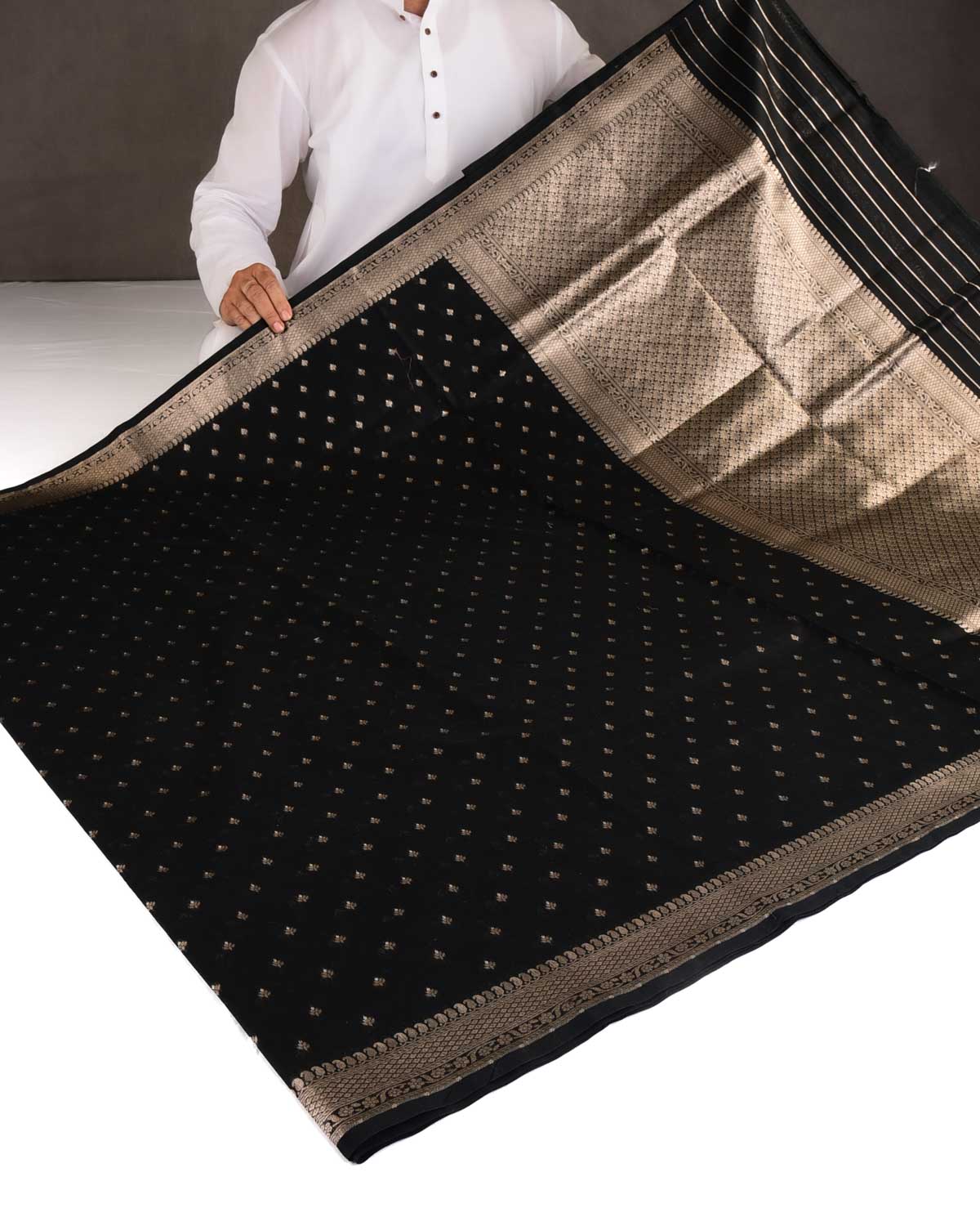 Black Gold & Silver Zari Buti Cutwork Brocade Woven Cotton Silk Banarasi Saree