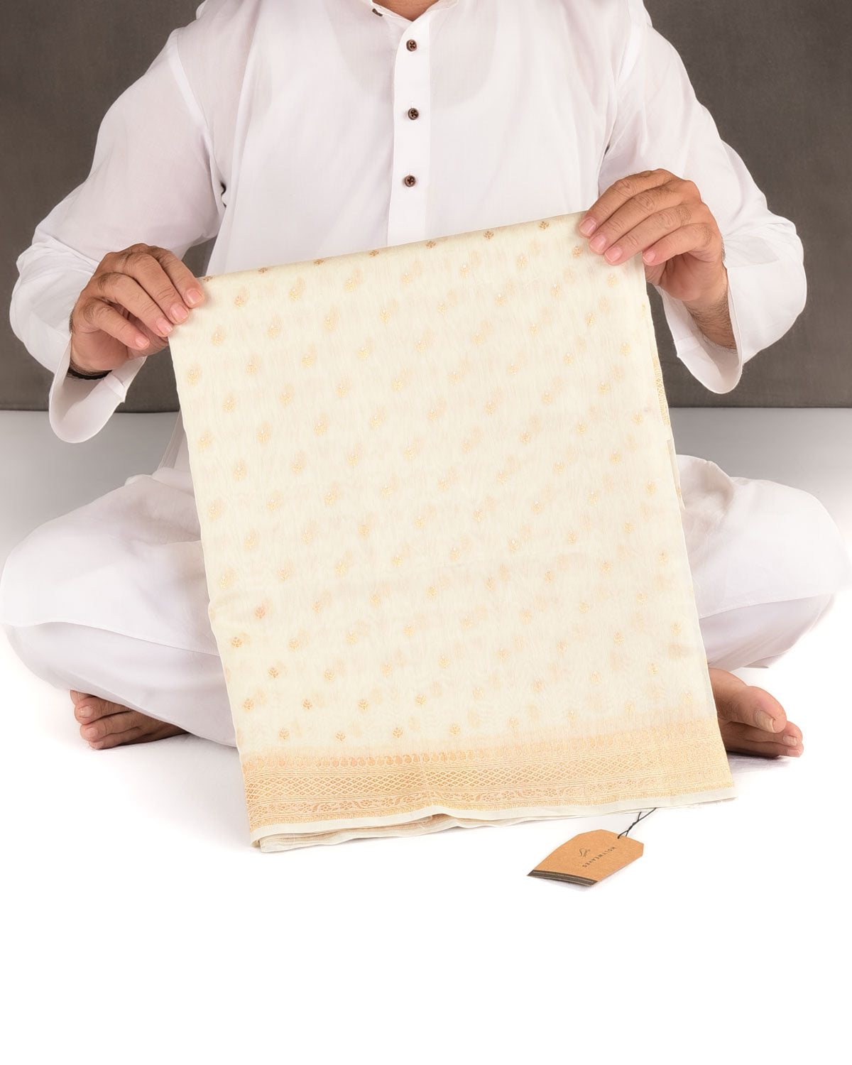 Ivory White Gold & Silver Zari Buti Cutwork Brocade Woven Cotton Silk Banarasi Saree-HolyWeaves