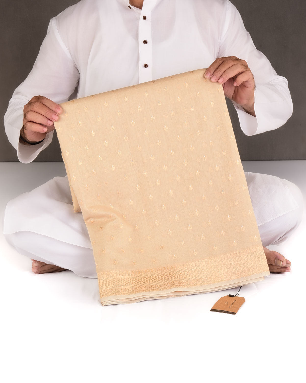 Beige Gold & Silver Zari Buti Cutwork Brocade Woven Cotton Silk Banarasi Saree